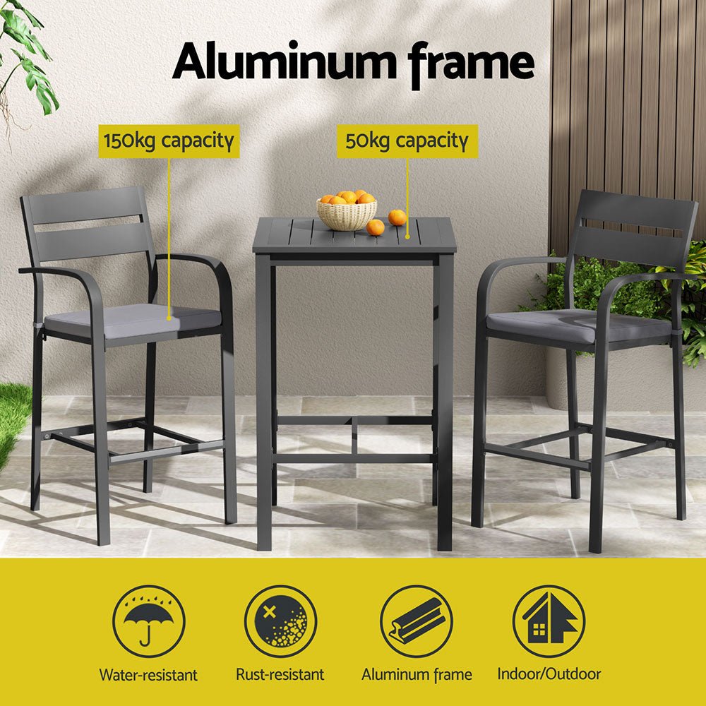 3Pcs Outdoor Bar Set Stools Dining Chairs Table Patio Aluminium Bistro Set Black - Furniture > Outdoor > Outdoor Dining Sets - Rivercity House & Home Co. (ABN 18 642 972 209) - Affordable Modern Furniture Australia