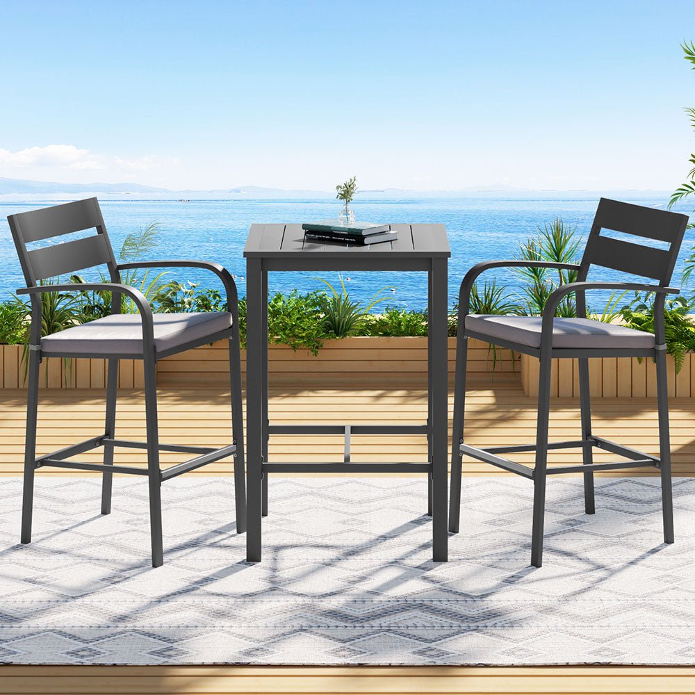 3Pcs Outdoor Bar Set Stools Dining Chairs Table Patio Aluminium Bistro Set Black - Furniture > Outdoor > Outdoor Dining Sets - Rivercity House & Home Co. (ABN 18 642 972 209) - Affordable Modern Furniture Australia