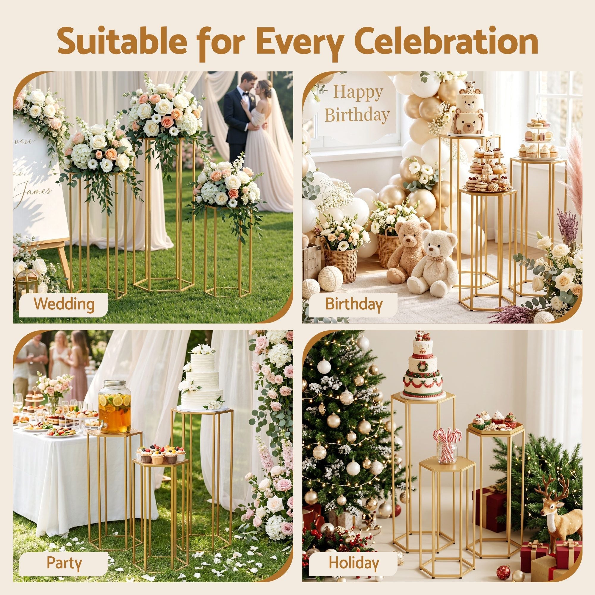 3Pcs Wedding Backdrop Pedestal Stand Gold Metal Hexagon Wedding Frame Plinth Pillars Table - Occasions > Wedding Accessories > Other Wedding Decorations - Rivercity House & Home Co. (ABN 18 642 972 209) - Affordable Modern Furniture Australia