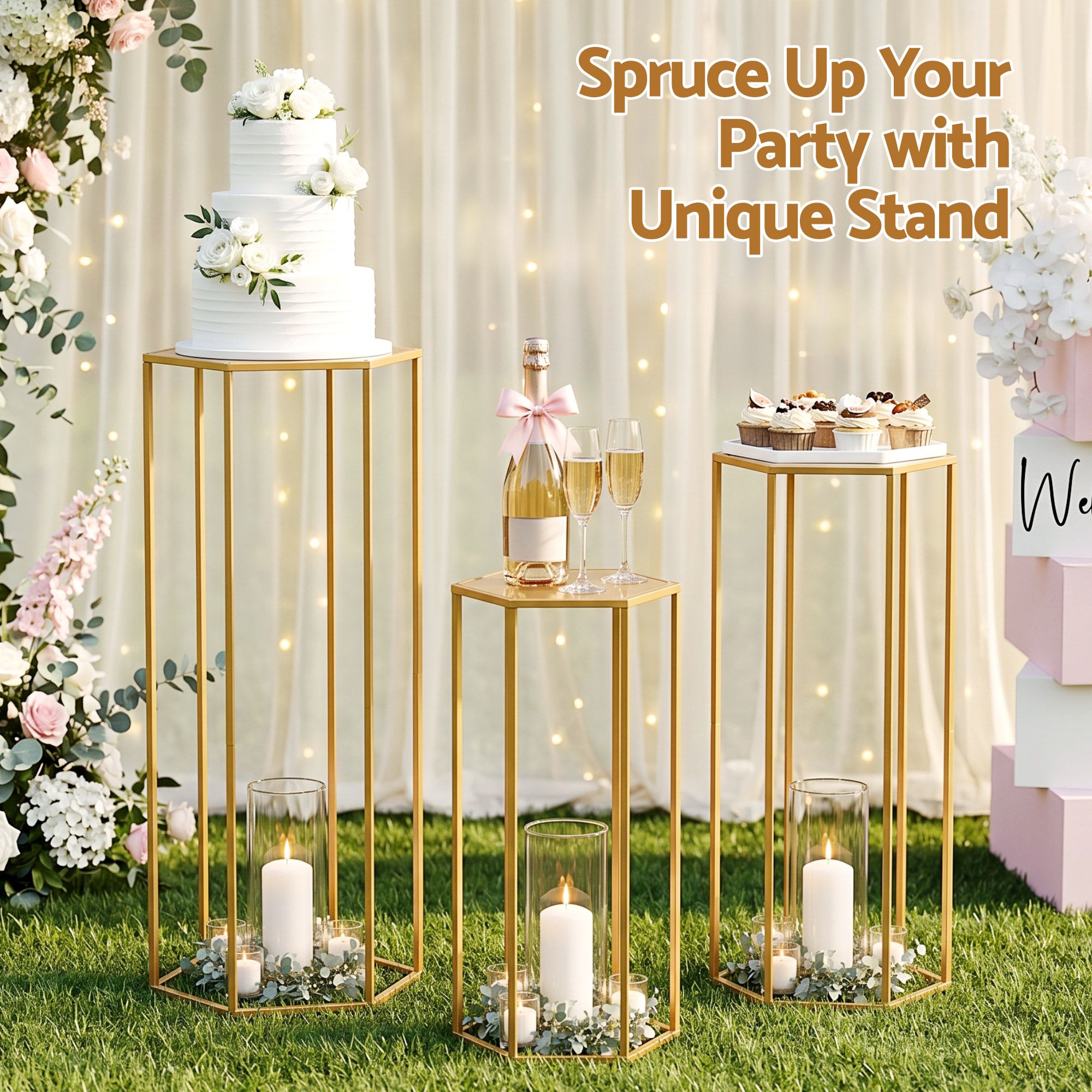 3Pcs Wedding Backdrop Pedestal Stand Gold Metal Hexagon Wedding Frame Plinth Pillars Table - Occasions > Wedding Accessories > Other Wedding Decorations - Rivercity House & Home Co. (ABN 18 642 972 209) - Affordable Modern Furniture Australia