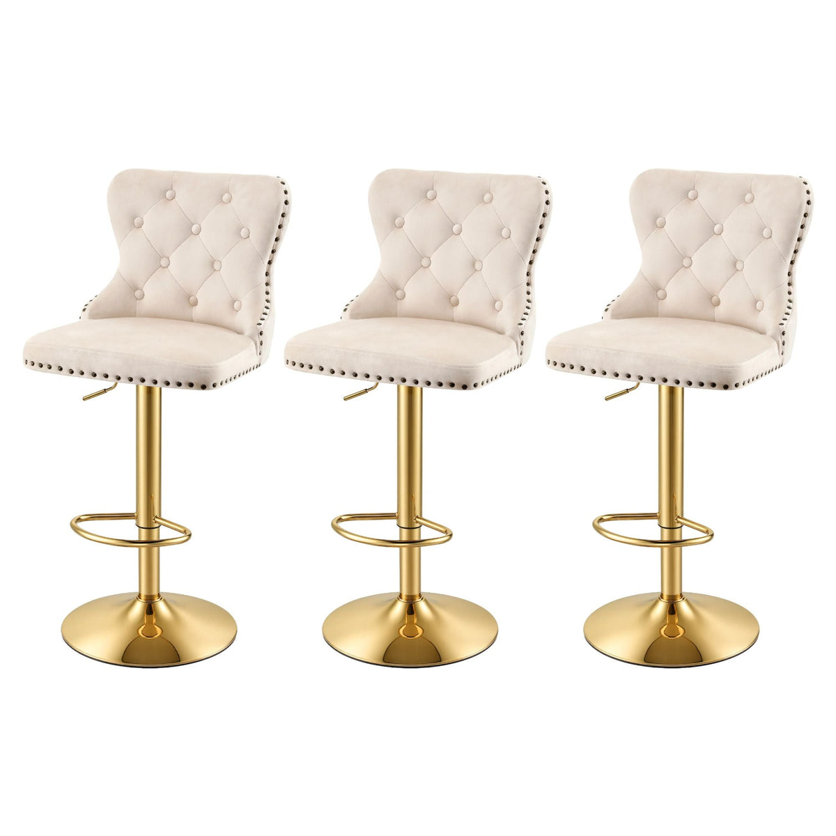 3x Adjustable Velvet Bar Stools with Nailhead Trim - Ivory - Furniture > Bar Stools & Chairs > Table & Bar Stools - Rivercity House & Home Co. (ABN 18 642 972 209) - Affordable Modern Furniture Australia