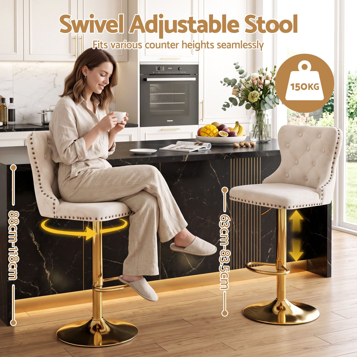 3x Adjustable Velvet Bar Stools with Nailhead Trim - Ivory - Furniture > Bar Stools & Chairs > Table & Bar Stools - Rivercity House & Home Co. (ABN 18 642 972 209) - Affordable Modern Furniture Australia