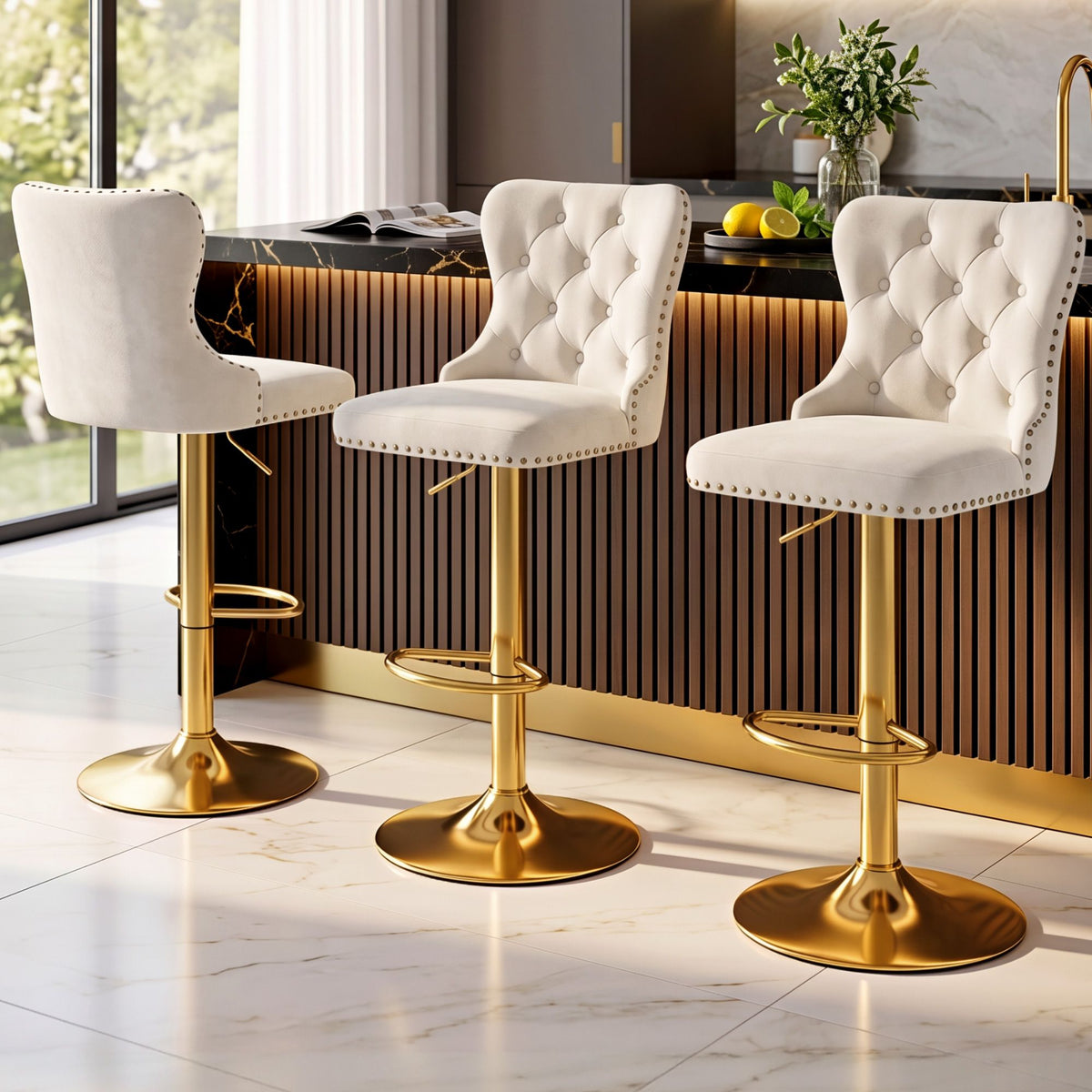 3x Adjustable Velvet Bar Stools with Nailhead Trim - Ivory - Furniture > Bar Stools & Chairs > Table & Bar Stools - Rivercity House & Home Co. (ABN 18 642 972 209) - Affordable Modern Furniture Australia