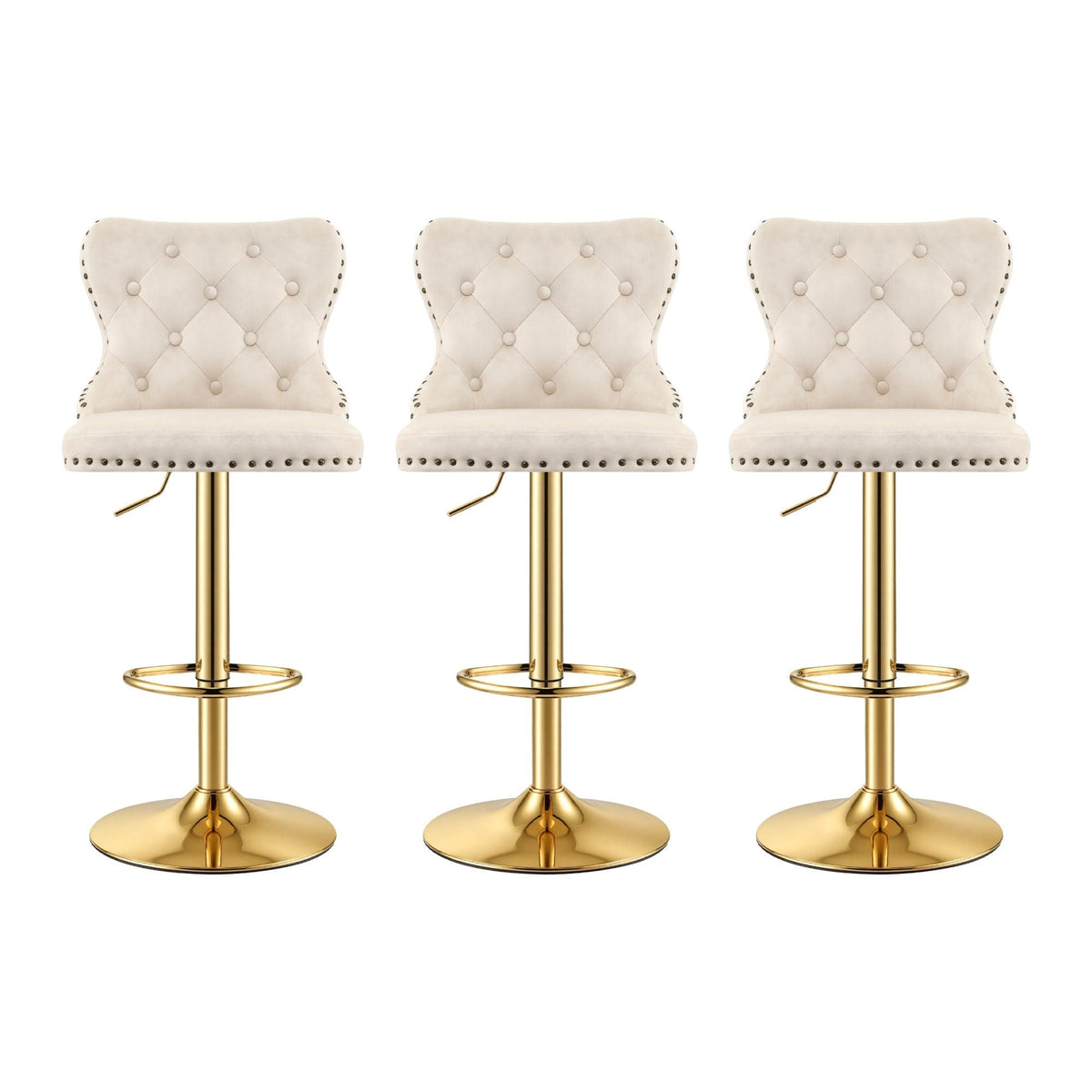 3x Adjustable Velvet Bar Stools with Nailhead Trim - Ivory - Furniture > Bar Stools & Chairs > Table & Bar Stools - Rivercity House & Home Co. (ABN 18 642 972 209) - Affordable Modern Furniture Australia