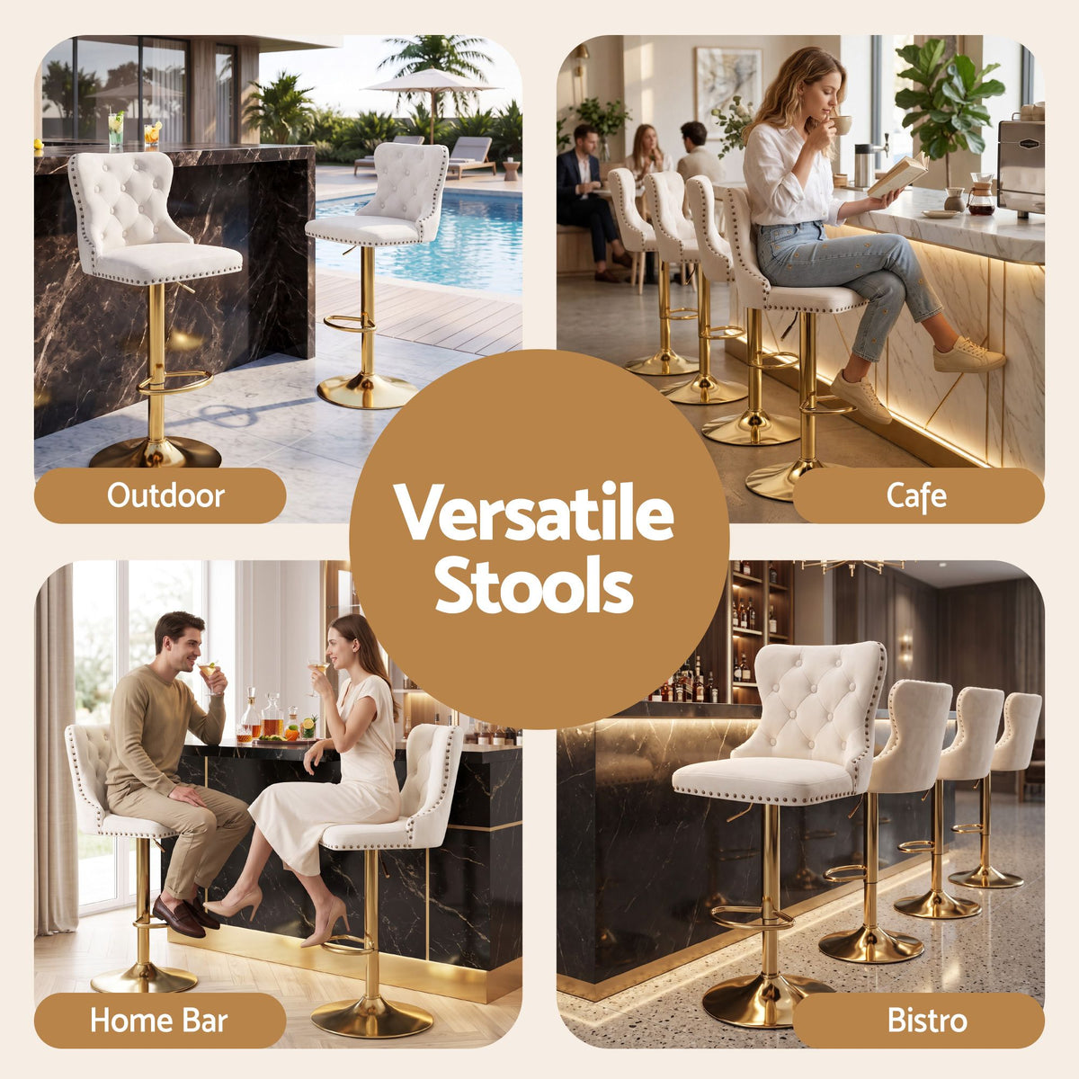 3x Adjustable Velvet Bar Stools with Nailhead Trim - Ivory - Furniture > Bar Stools & Chairs > Table & Bar Stools - Rivercity House & Home Co. (ABN 18 642 972 209) - Affordable Modern Furniture Australia