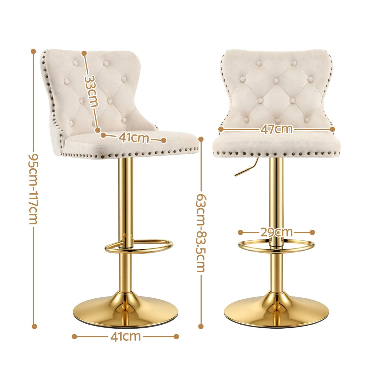 3x Adjustable Velvet Bar Stools with Nailhead Trim - Ivory - Furniture > Bar Stools & Chairs > Table & Bar Stools - Rivercity House & Home Co. (ABN 18 642 972 209) - Affordable Modern Furniture Australia