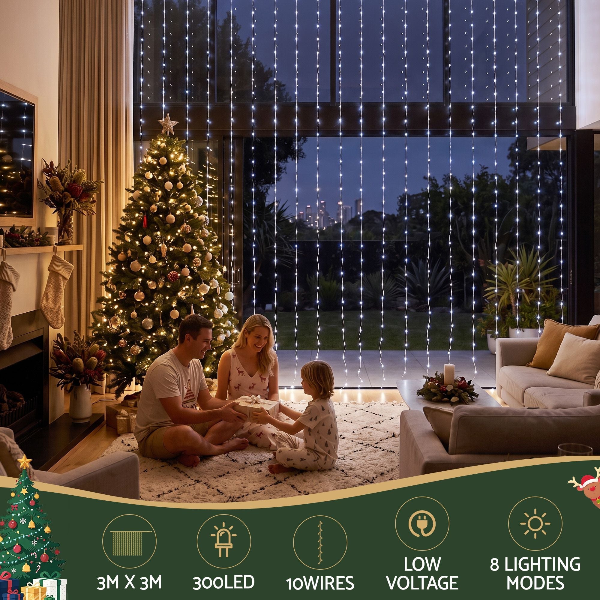 3X3M Christmas Lights Curtain String Light 300 LED Cool White - Occasions > Christmas > Outdoor Decorations & Lights - Rivercity House & Home Co. (ABN 18 642 972 209) - Affordable Modern Furniture Australia
