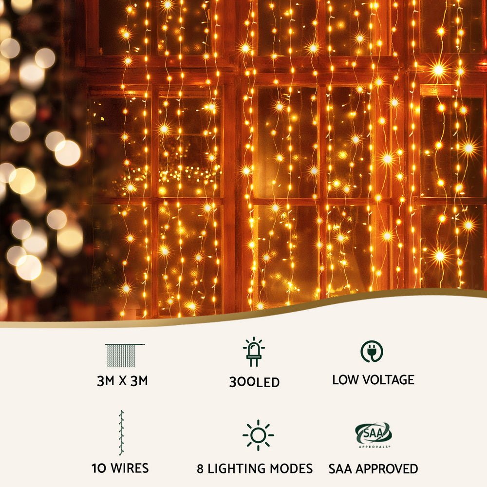 3X3M Christmas Lights Curtain String Light 300 LED Warm White - Occasions > Christmas > Outdoor Decorations & Lights - Rivercity House & Home Co. (ABN 18 642 972 209) - Affordable Modern Furniture Australia