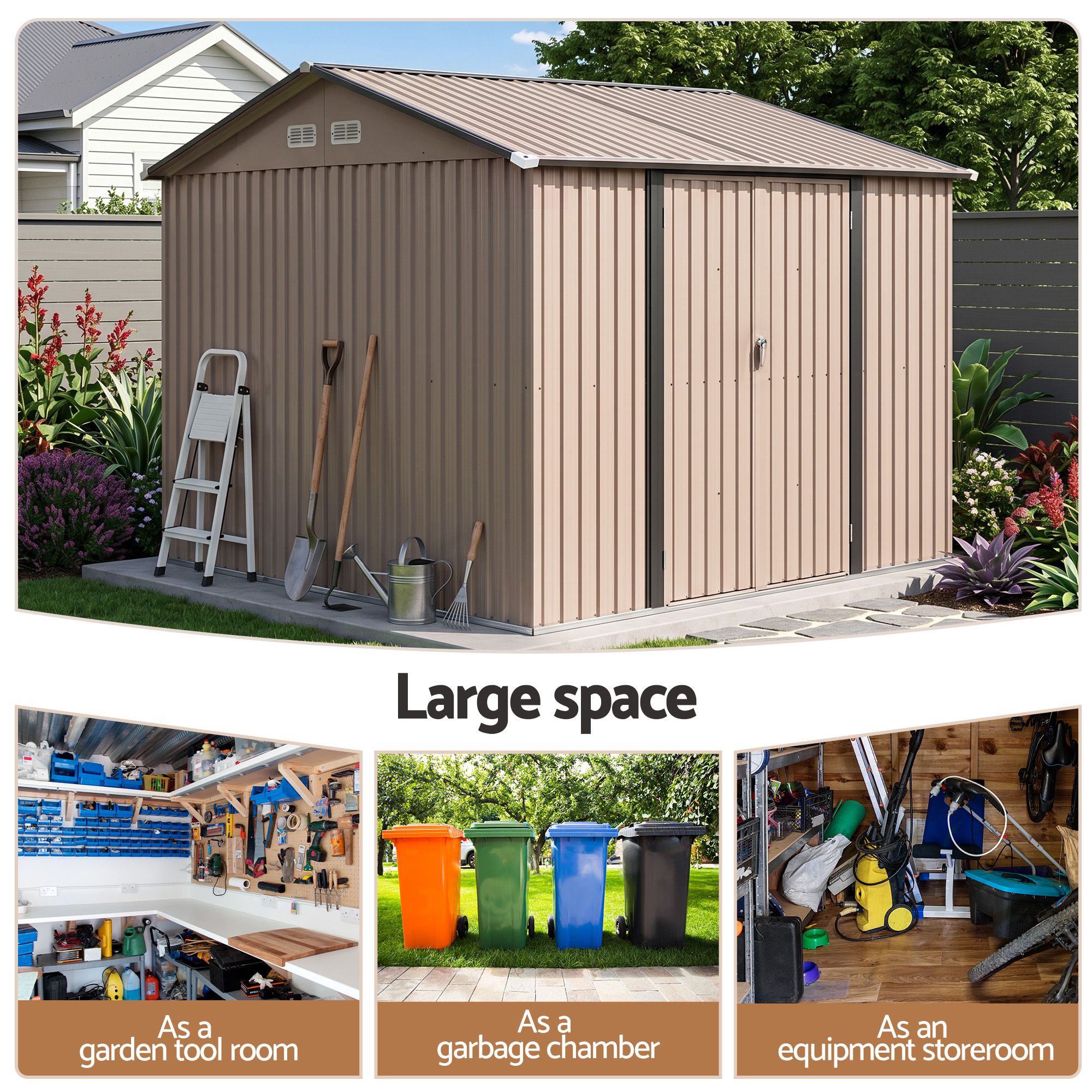 3x3m Outdoor Garden Tool Storage Shed with Lockable Doors - Brown - Home & Garden > Storage > Sheds - Rivercity House & Home Co. (ABN 18 642 972 209) - Affordable Modern Furniture Australia