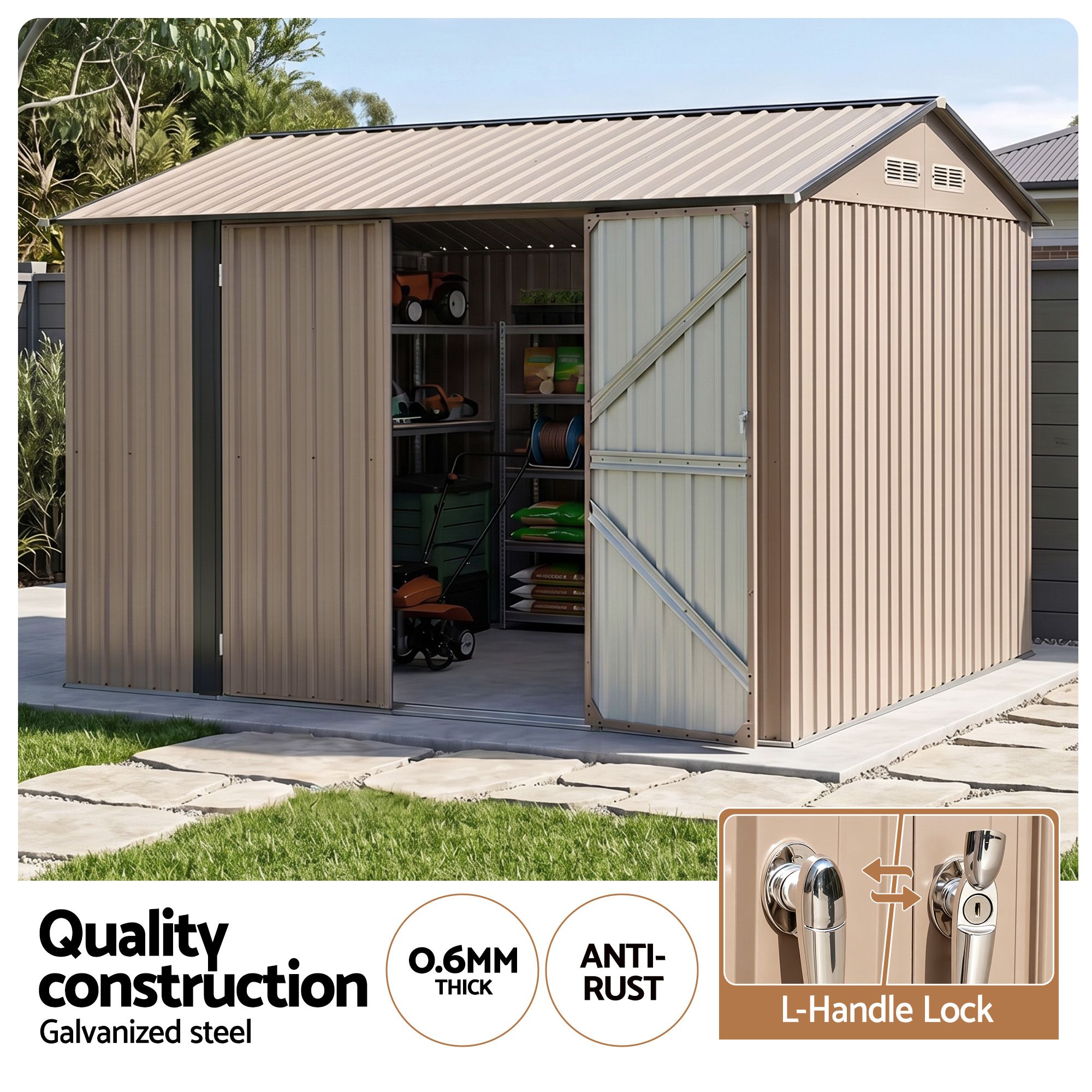 3x3m Outdoor Garden Tool Storage Shed with Lockable Doors - Brown - Home & Garden > Storage > Sheds - Rivercity House & Home Co. (ABN 18 642 972 209) - Affordable Modern Furniture Australia