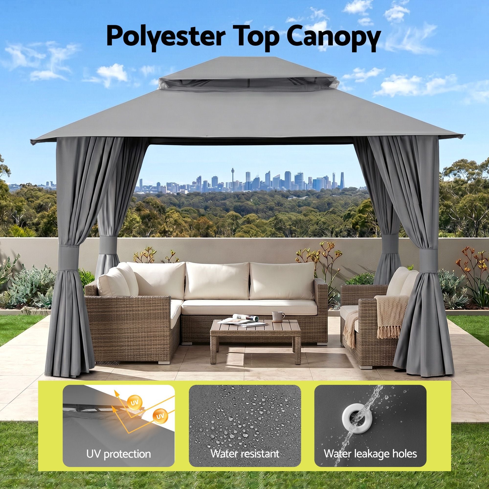 3x3m Outdoor Steel Frame Gazebo Canopy with Curtains and Mosquito Netting - Grey - Home & Garden > Shading > Canopies & Gazebos - Rivercity House & Home Co. (ABN 18 642 972 209) - Affordable Modern Furniture Australia