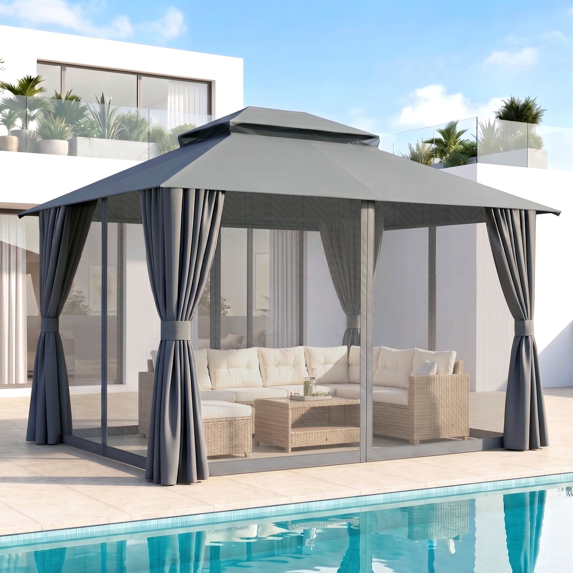 3x3m Outdoor Steel Frame Gazebo Canopy with Curtains and Mosquito Netting - Grey - Home & Garden > Shading > Canopies & Gazebos - Rivercity House & Home Co. (ABN 18 642 972 209) - Affordable Modern Furniture Australia