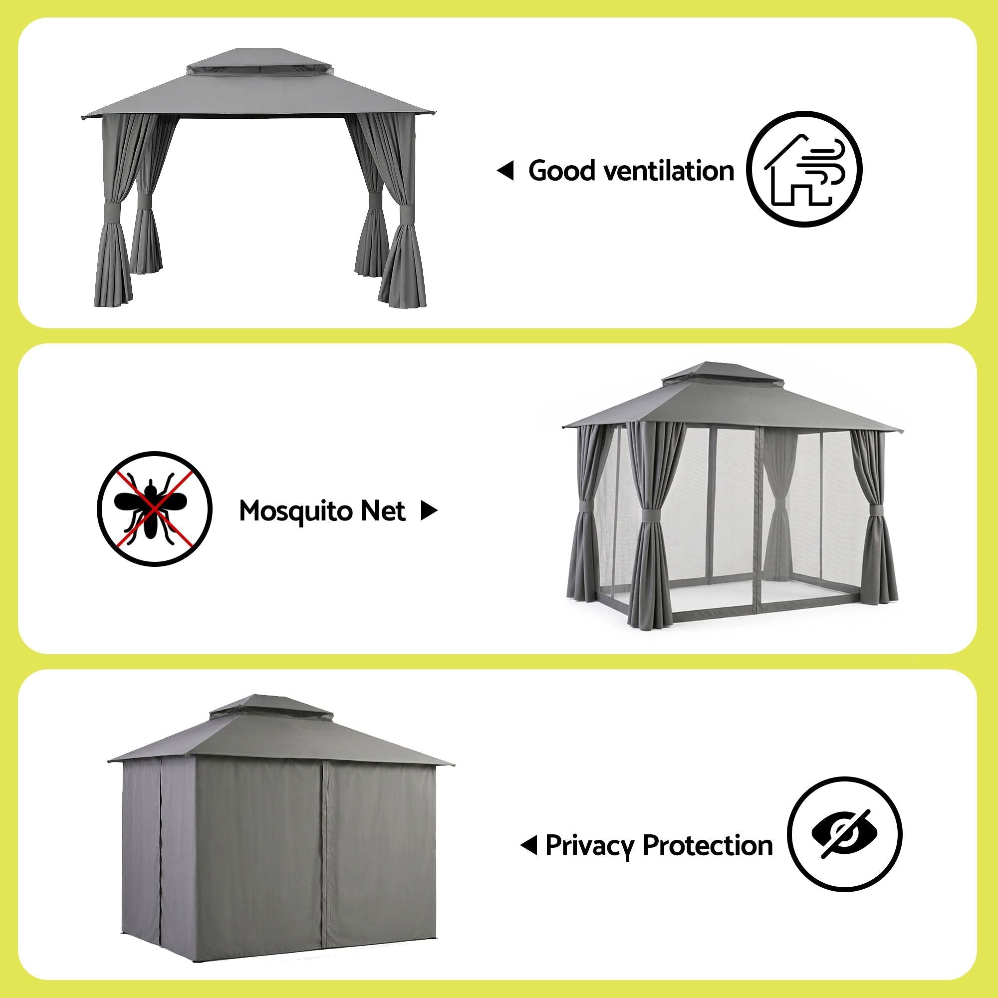 3x3m Outdoor Steel Frame Gazebo Canopy with Curtains and Mosquito Netting - Grey - Home & Garden > Shading > Canopies & Gazebos - Rivercity House & Home Co. (ABN 18 642 972 209) - Affordable Modern Furniture Australia