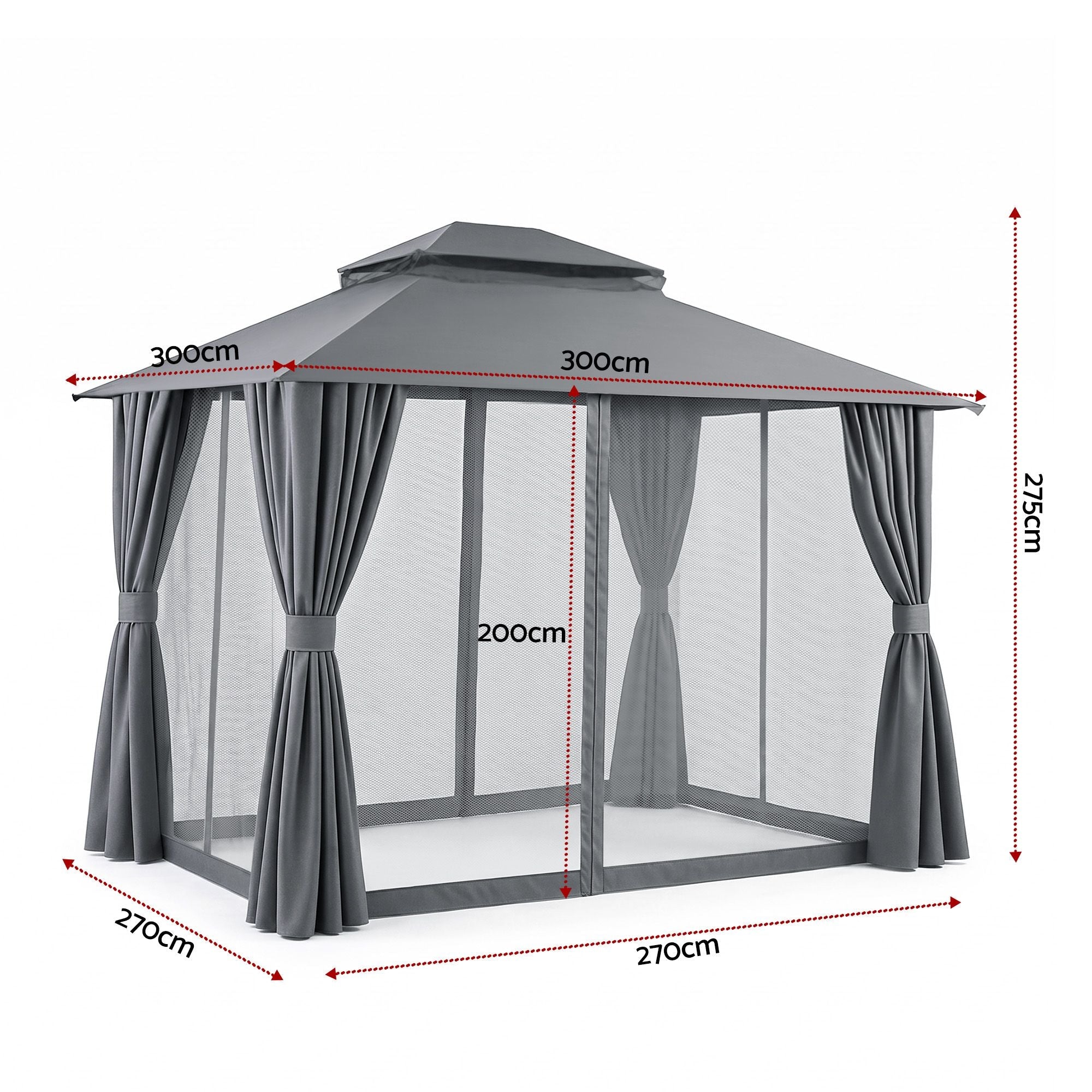 3x3m Outdoor Steel Frame Gazebo Canopy with Curtains and Mosquito Netting - Grey - Home & Garden > Shading > Canopies & Gazebos - Rivercity House & Home Co. (ABN 18 642 972 209) - Affordable Modern Furniture Australia