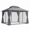 3x3m Outdoor Steel Frame Gazebo Canopy with Curtains and Mosquito Netting - Grey