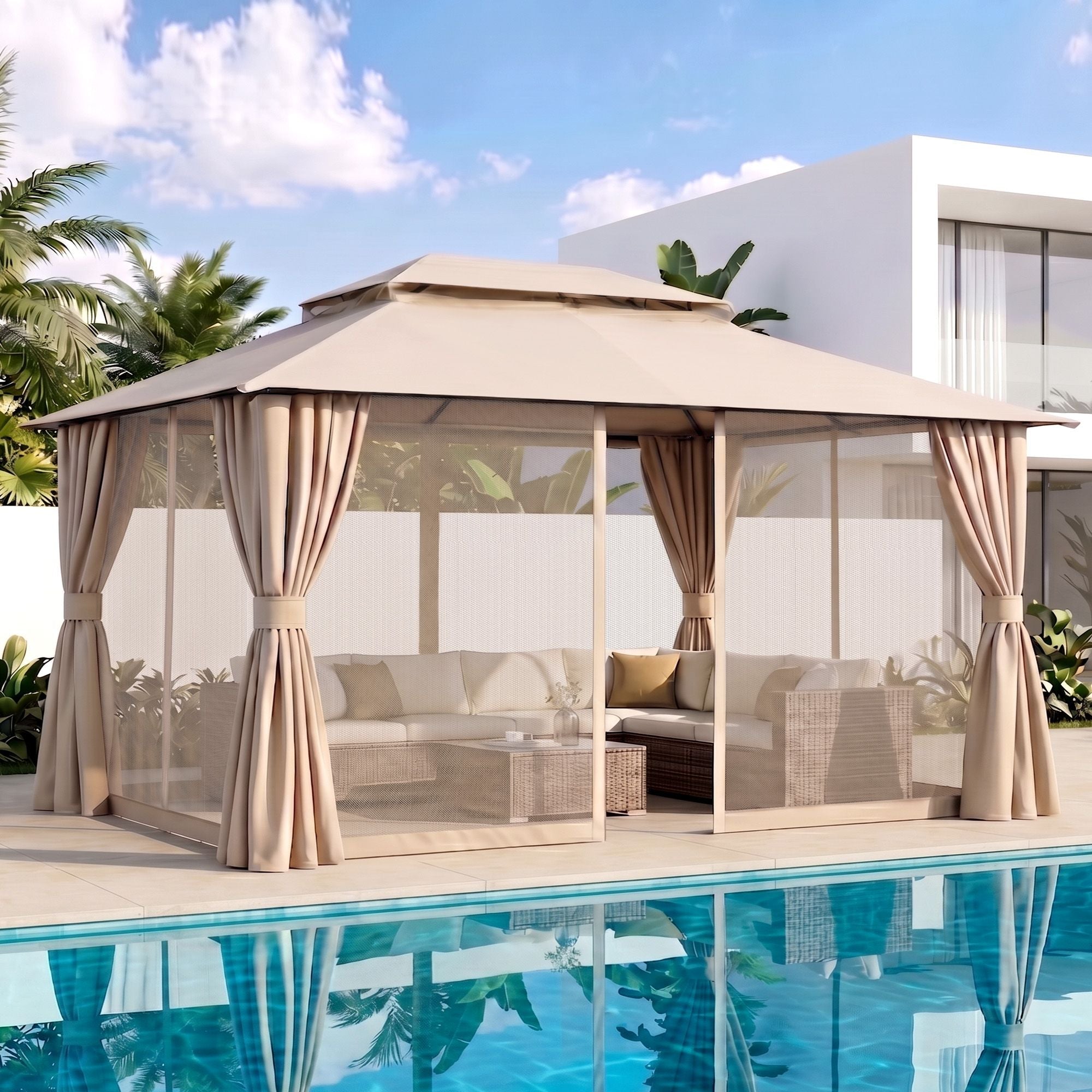 3x4m Outdoor Steel Frame Gazebo Canopy with Curtains and Mosquito Netting - Beige - Home & Garden > Shading > Canopies & Gazebos - Rivercity House & Home Co. (ABN 18 642 972 209) - Affordable Modern Furniture Australia