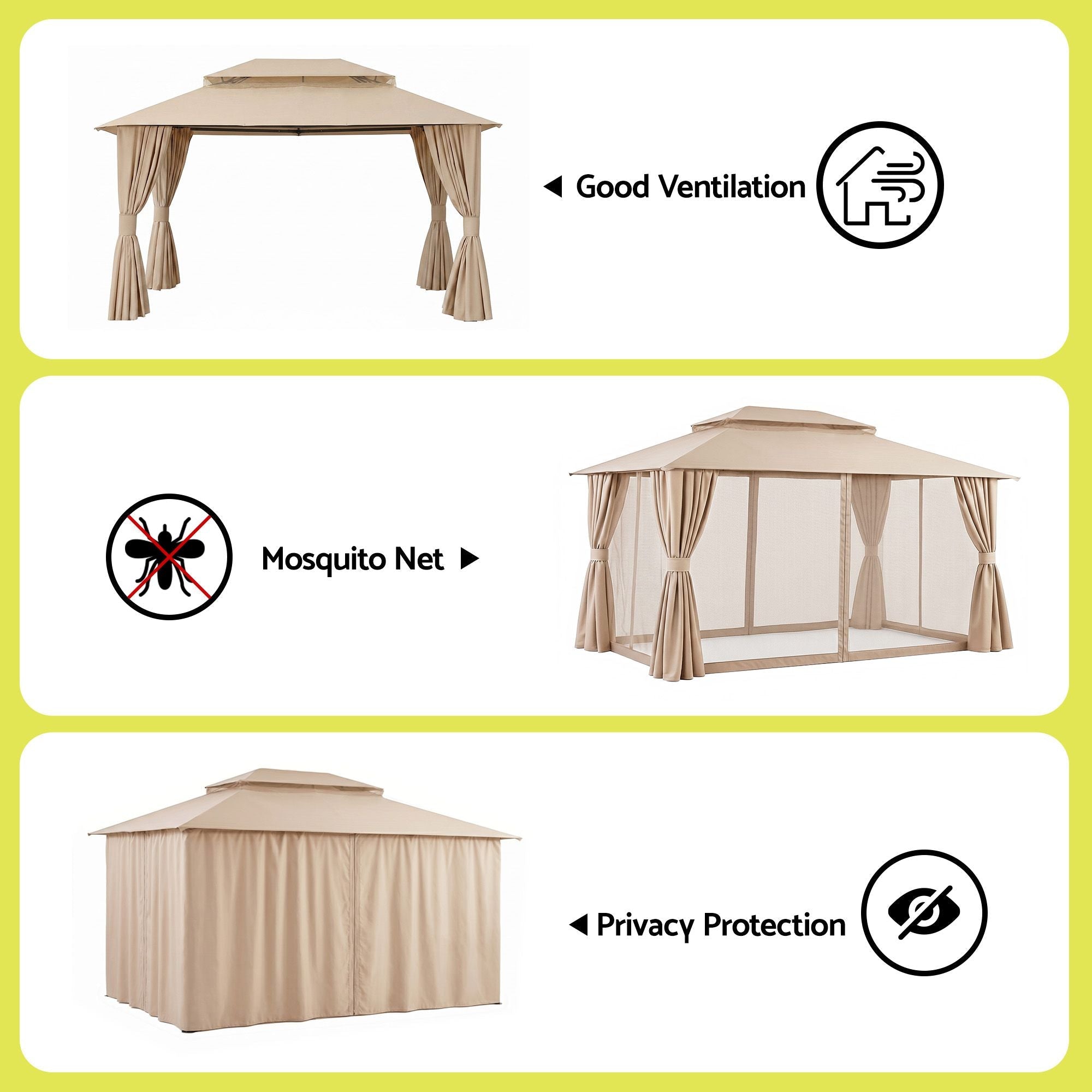 3x4m Outdoor Steel Frame Gazebo Canopy with Curtains and Mosquito Netting - Beige - Home & Garden > Shading > Canopies & Gazebos - Rivercity House & Home Co. (ABN 18 642 972 209) - Affordable Modern Furniture Australia