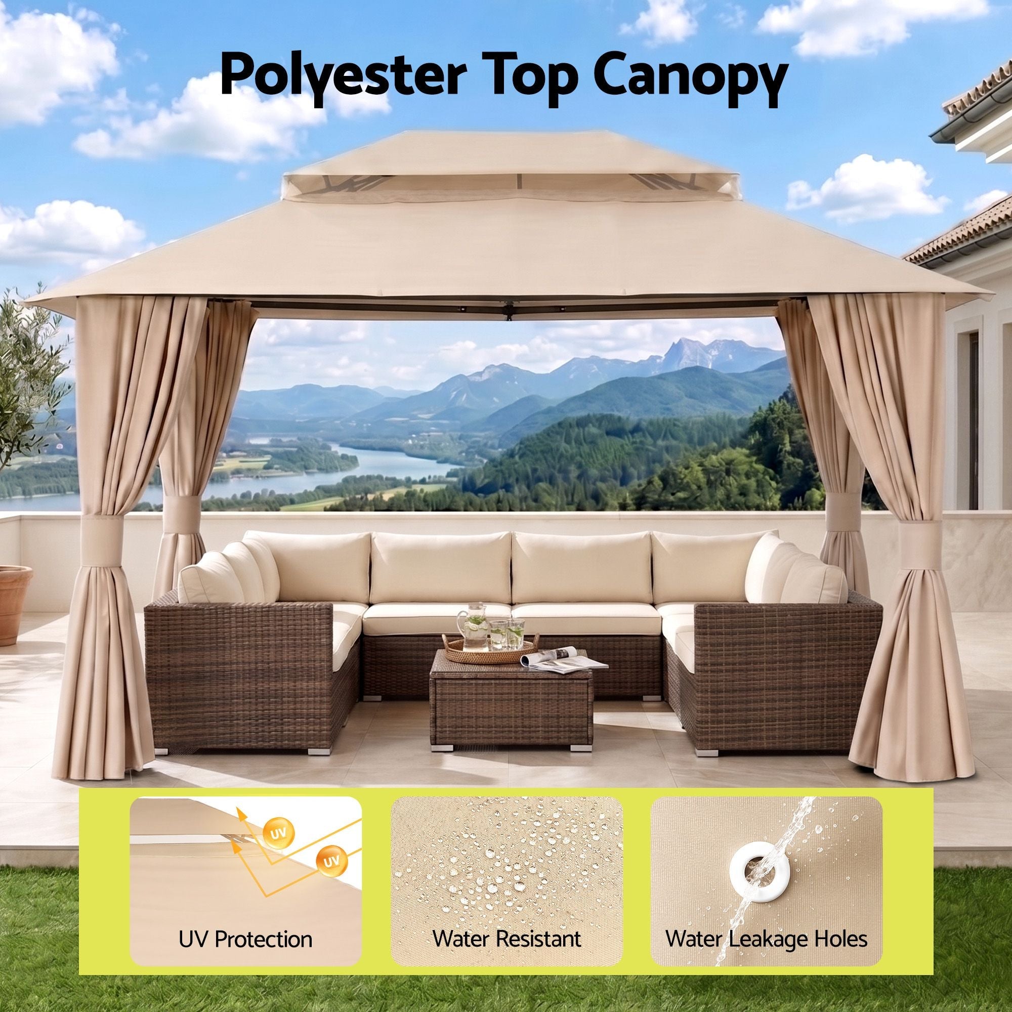 3x4m Outdoor Steel Frame Gazebo Canopy with Curtains and Mosquito Netting - Beige - Home & Garden > Shading > Canopies & Gazebos - Rivercity House & Home Co. (ABN 18 642 972 209) - Affordable Modern Furniture Australia