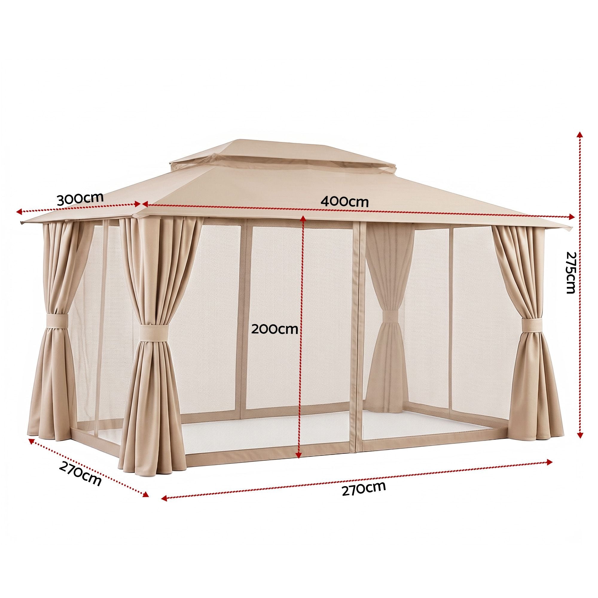 3x4m Outdoor Steel Frame Gazebo Canopy with Curtains and Mosquito Netting - Beige - Home & Garden > Shading > Canopies & Gazebos - Rivercity House & Home Co. (ABN 18 642 972 209) - Affordable Modern Furniture Australia