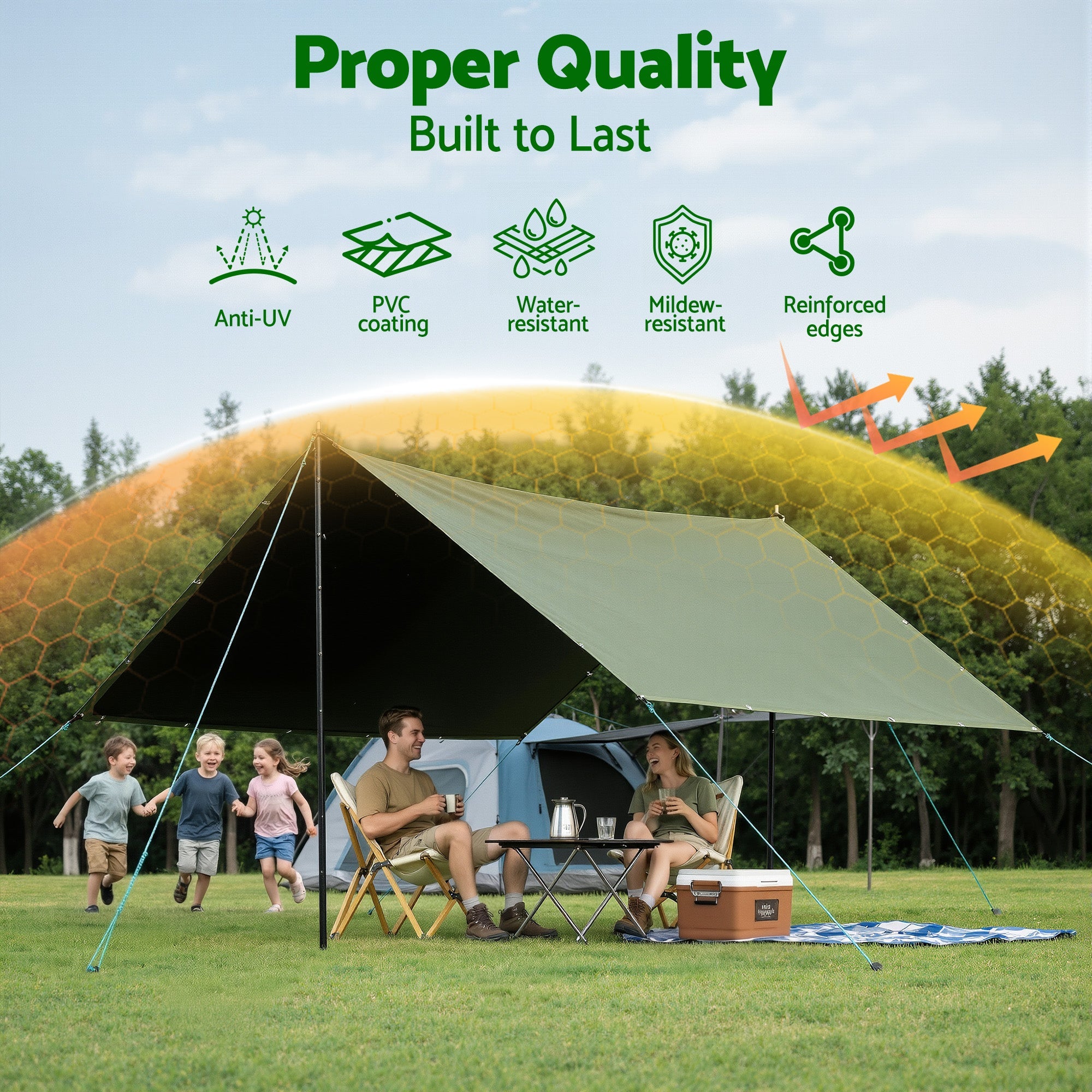 3x4m Heavy Duty 600GSM Water Resistant Camping Tarp Green + Free
