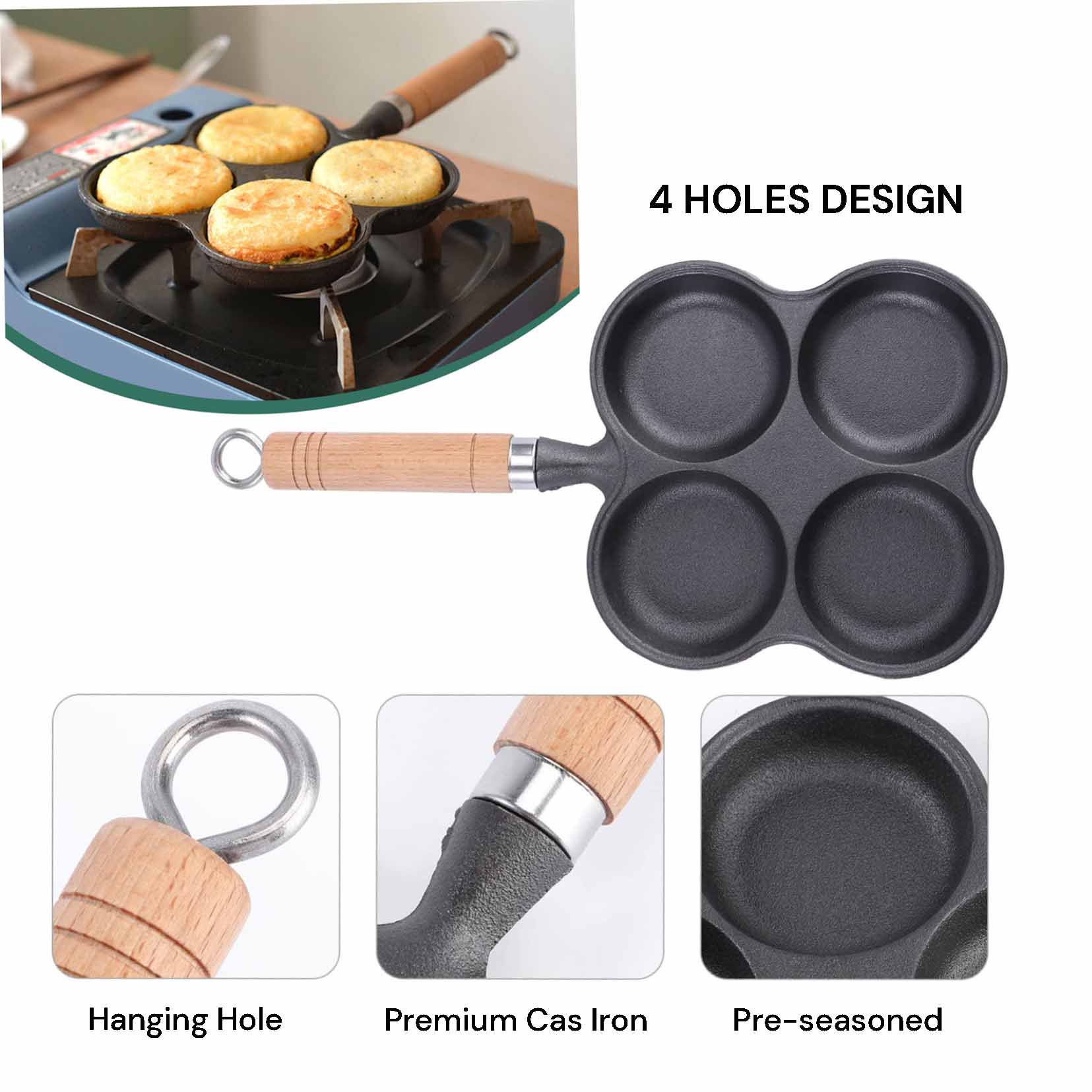 4 Cup Cast Iron Egg Frying Pan Divided Egg Skillet Pan Fried Egg Pan Cooker Pancake Egg Fryer - Home & Garden > Kitchenware > Skillets & Frying Pans - Rivercity House & Home Co. (ABN 18 642 972 209) - Affordable Modern Furniture Australia