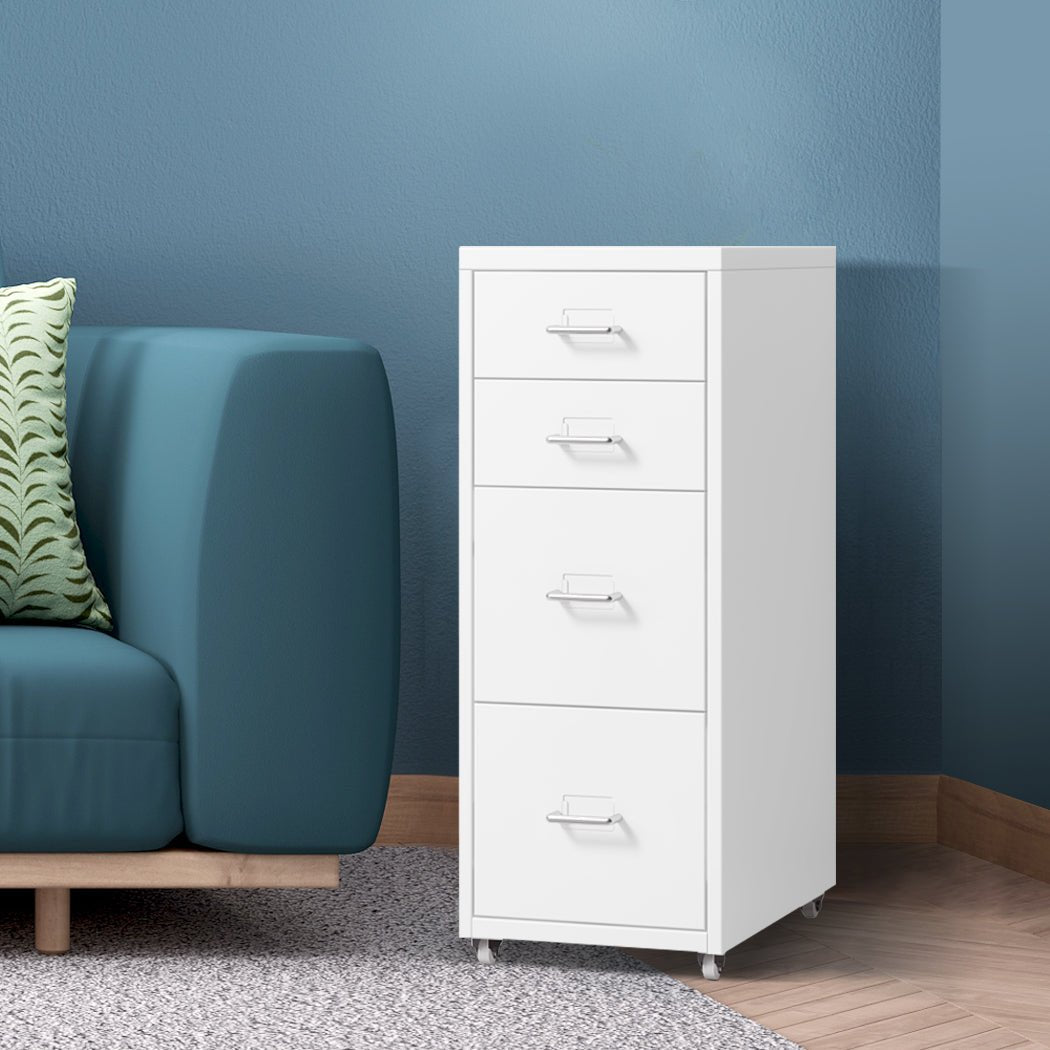 4 Drawer Steel Office Filing Cabinet with Wheels and Label Holders - White - Rivercity House & Home Co. (ABN 18 642 972 209) - Affordable Modern Furniture Australia