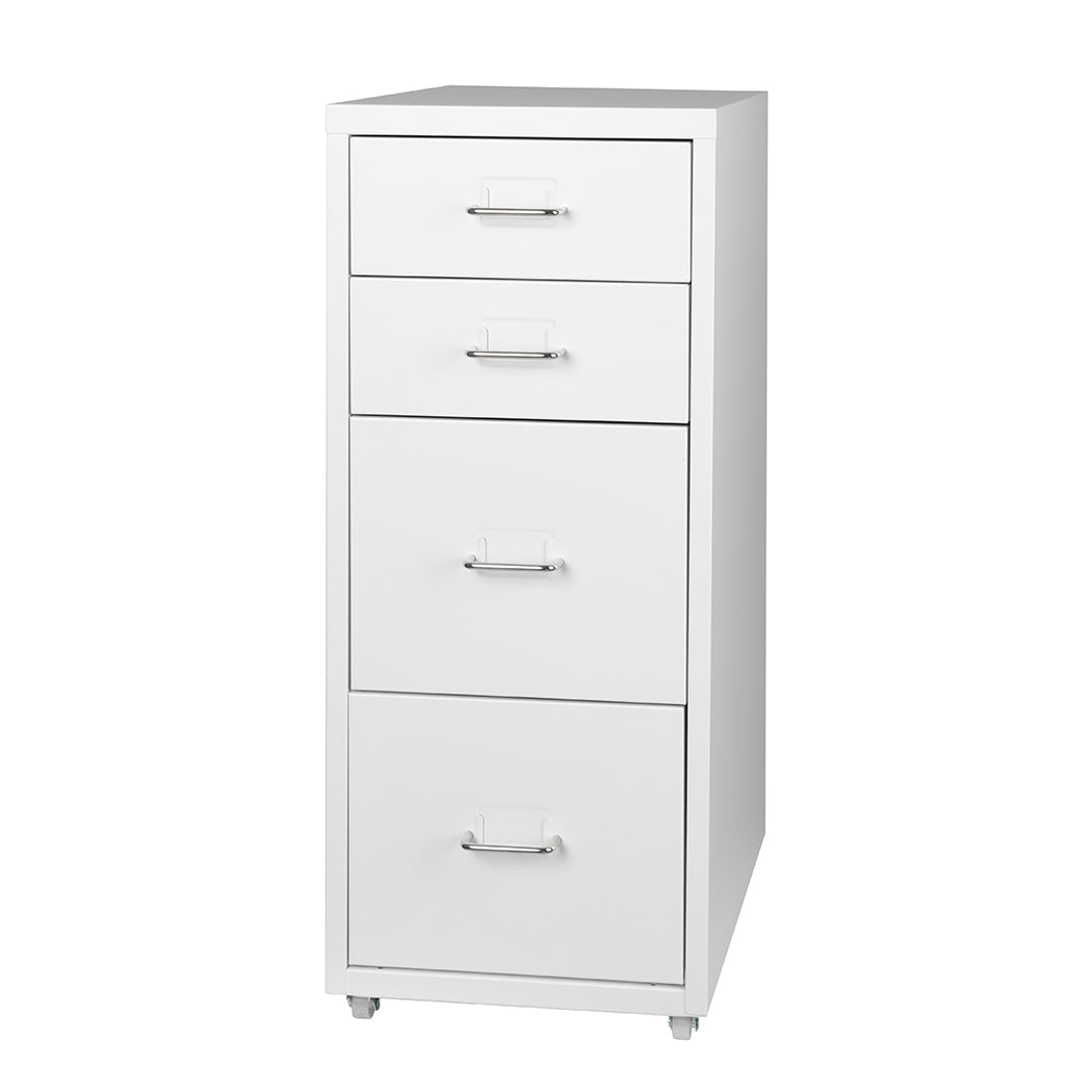 4 Drawer Steel Office Filing Cabinet with Wheels and Label Holders - White - Rivercity House & Home Co. (ABN 18 642 972 209) - Affordable Modern Furniture Australia