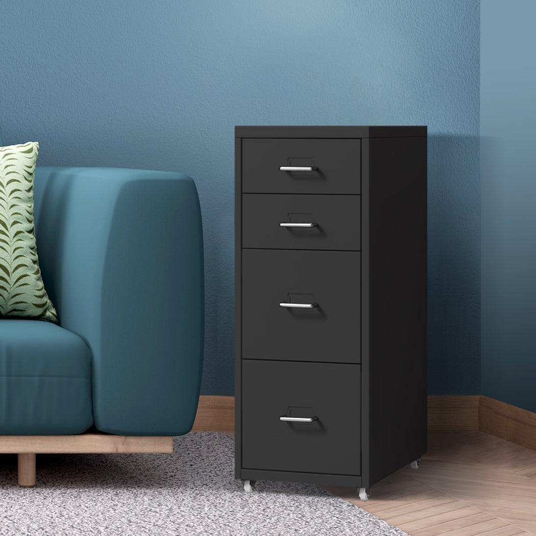 4 Drawer Steel Office Filing Cabinet with Wheels - Black - Rivercity House & Home Co. (ABN 18 642 972 209) - Affordable Modern Furniture Australia