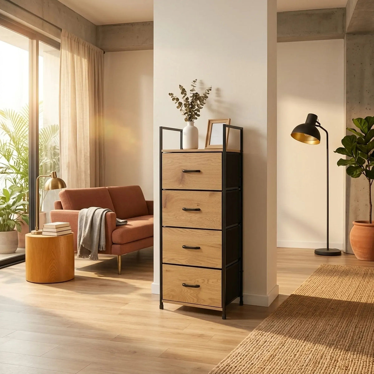 4 Drawer Tallboy Storage Cabinet Rustic Steel with Fabric Drawers - Brown - Home & Garden > Storage > Storage Cabinets & Lockers - Rivercity House & Home Co. (ABN 18 642 972 209) - Affordable Modern Furniture Australia
