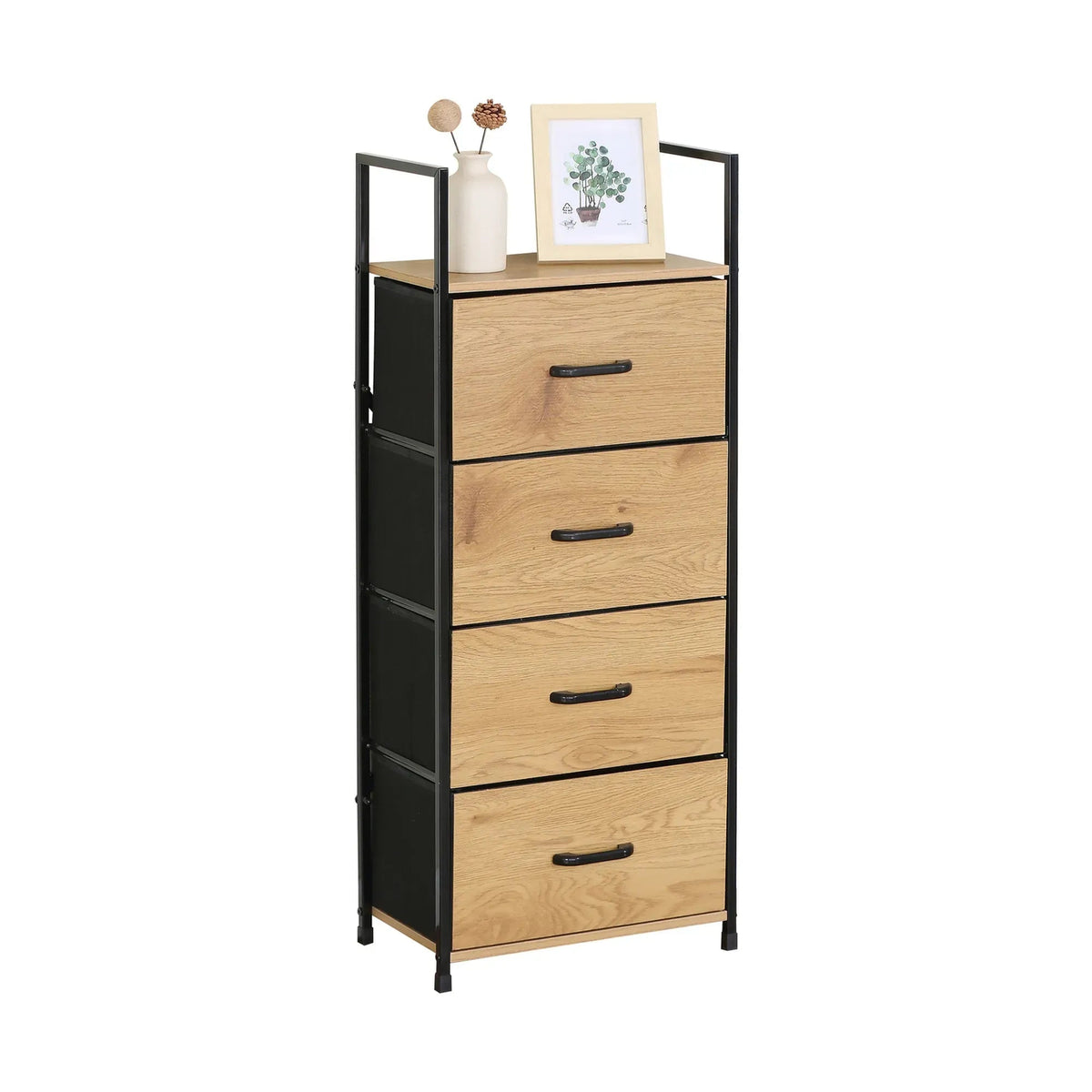 4 Drawer Tallboy Storage Cabinet Rustic Steel with Fabric Drawers - Brown - Home & Garden > Storage > Storage Cabinets & Lockers - Rivercity House & Home Co. (ABN 18 642 972 209) - Affordable Modern Furniture Australia