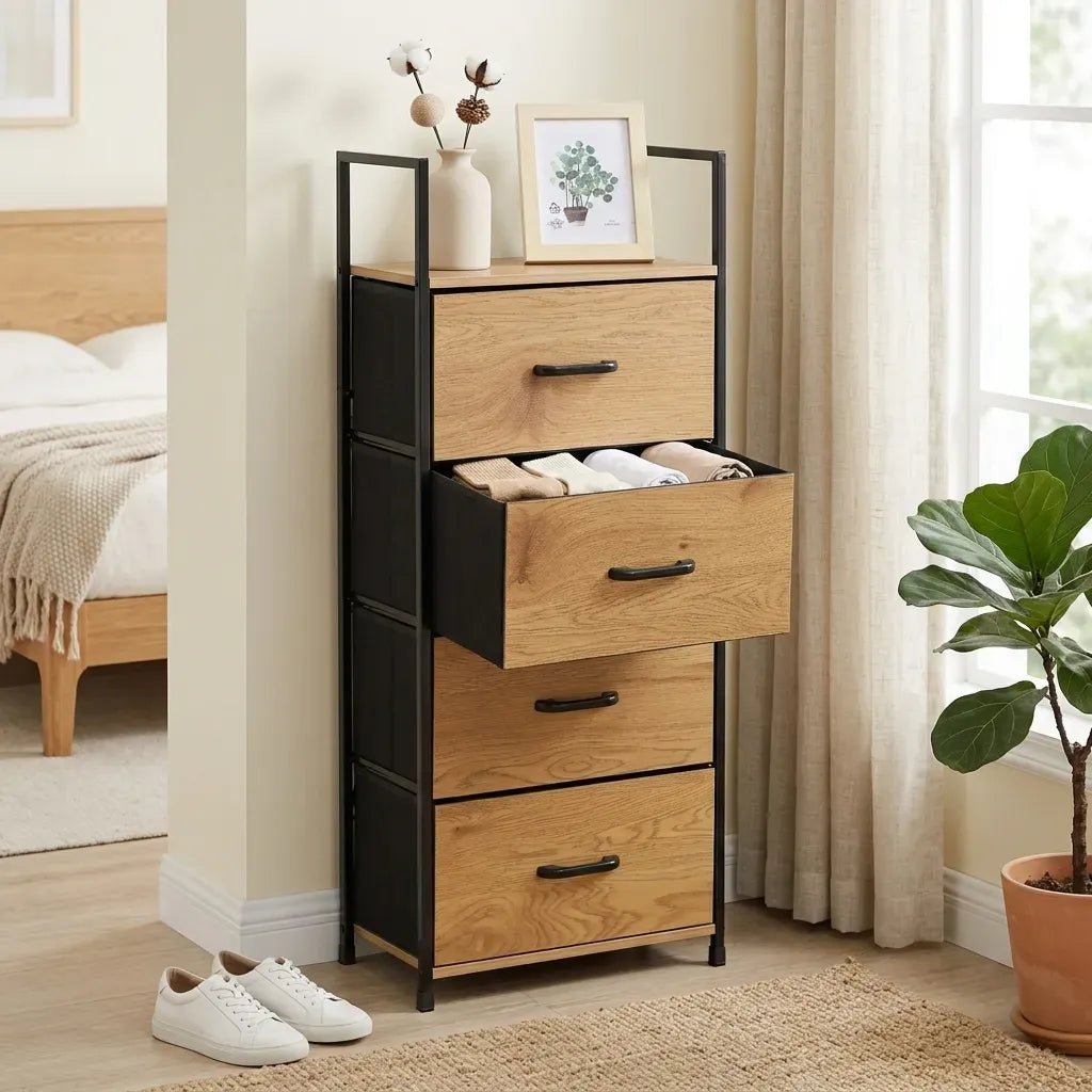 4 Drawer Tallboy Storage Cabinet Rustic Steel with Fabric Drawers - Brown - Home & Garden > Storage > Storage Cabinets & Lockers - Rivercity House & Home Co. (ABN 18 642 972 209) - Affordable Modern Furniture Australia
