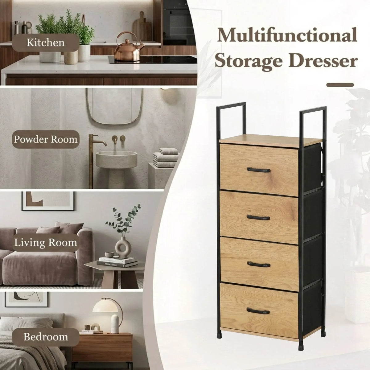 4 Drawer Tallboy Storage Cabinet Rustic Steel with Fabric Drawers - Brown - Home & Garden > Storage > Storage Cabinets & Lockers - Rivercity House & Home Co. (ABN 18 642 972 209) - Affordable Modern Furniture Australia