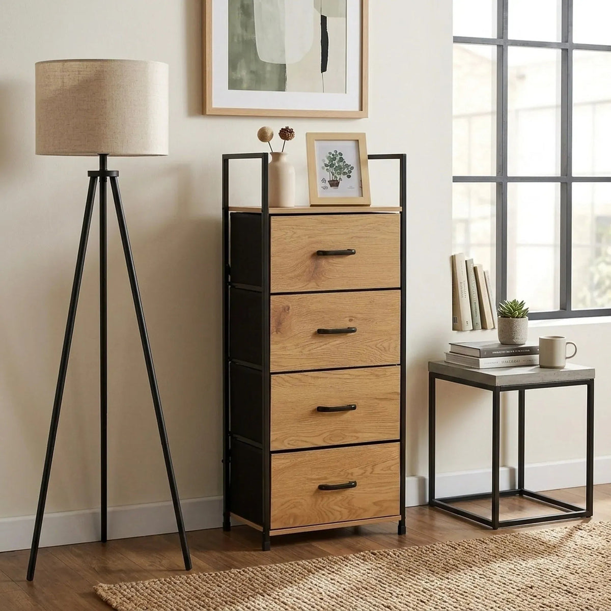 4 Drawer Tallboy Storage Cabinet Rustic Steel with Fabric Drawers - Brown - Home & Garden > Storage > Storage Cabinets & Lockers - Rivercity House & Home Co. (ABN 18 642 972 209) - Affordable Modern Furniture Australia