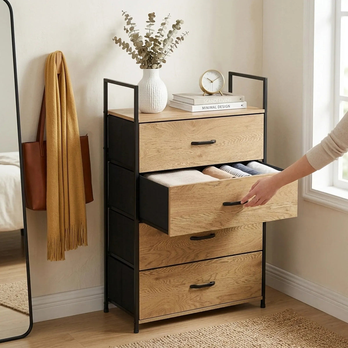 4 Drawer Tallboy Storage Cabinet Steel Frame Chest Drawers - Brown - Home & Garden > Storage > Storage Cabinets & Lockers - Rivercity House & Home Co. (ABN 18 642 972 209) - Affordable Modern Furniture Australia