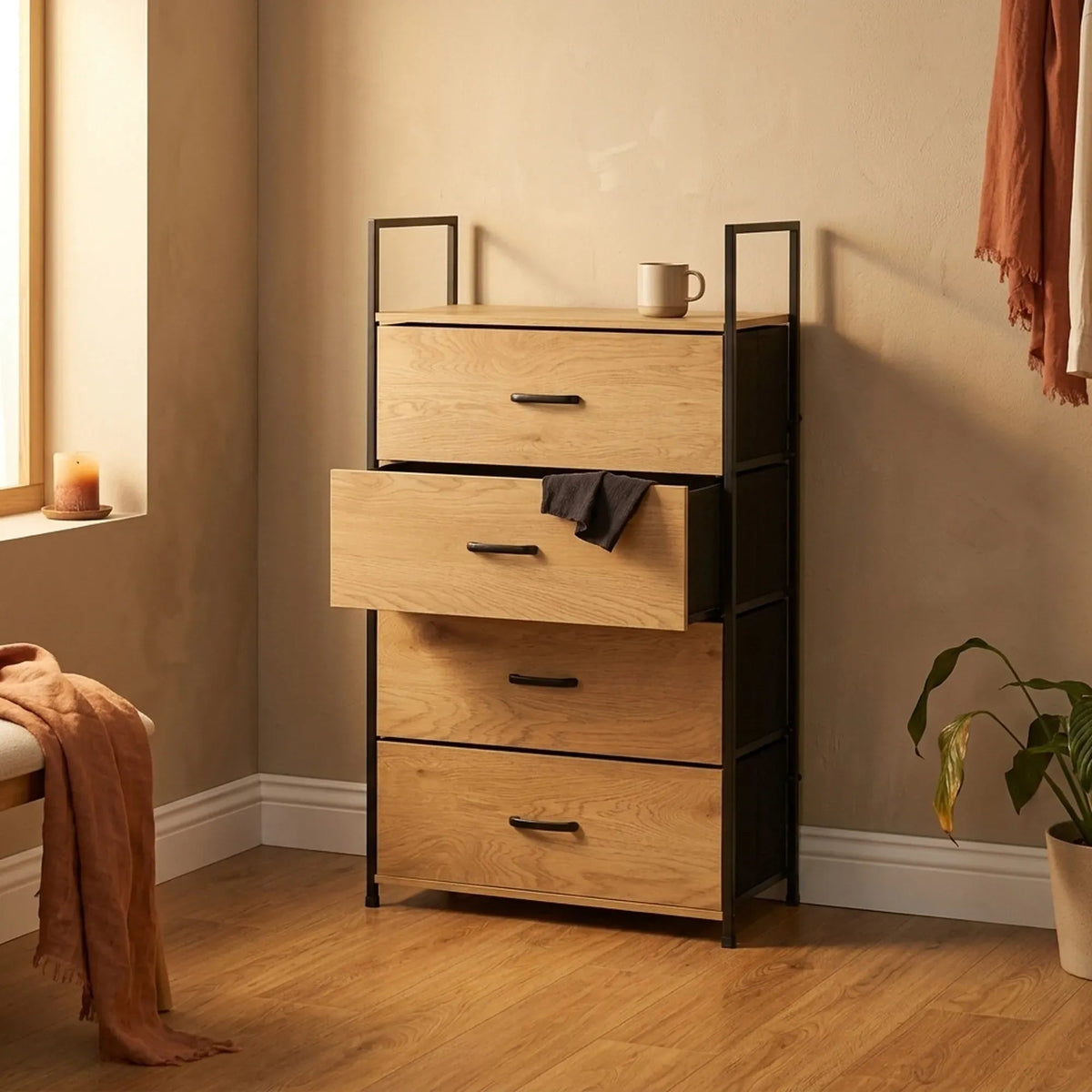 4 Drawer Tallboy Storage Cabinet Steel Frame Chest Drawers - Brown - Home & Garden > Storage > Storage Cabinets & Lockers - Rivercity House & Home Co. (ABN 18 642 972 209) - Affordable Modern Furniture Australia