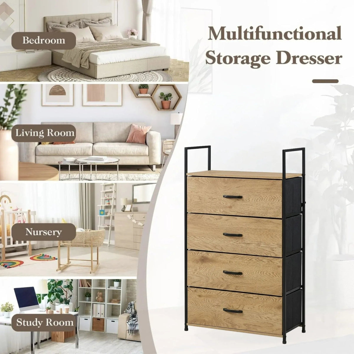 4 Drawer Tallboy Storage Cabinet Steel Frame Chest Drawers - Brown - Home & Garden > Storage > Storage Cabinets & Lockers - Rivercity House & Home Co. (ABN 18 642 972 209) - Affordable Modern Furniture Australia
