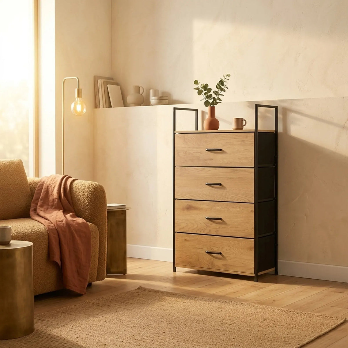 4 Drawer Tallboy Storage Cabinet Steel Frame Chest Drawers - Brown - Home & Garden > Storage > Storage Cabinets & Lockers - Rivercity House & Home Co. (ABN 18 642 972 209) - Affordable Modern Furniture Australia