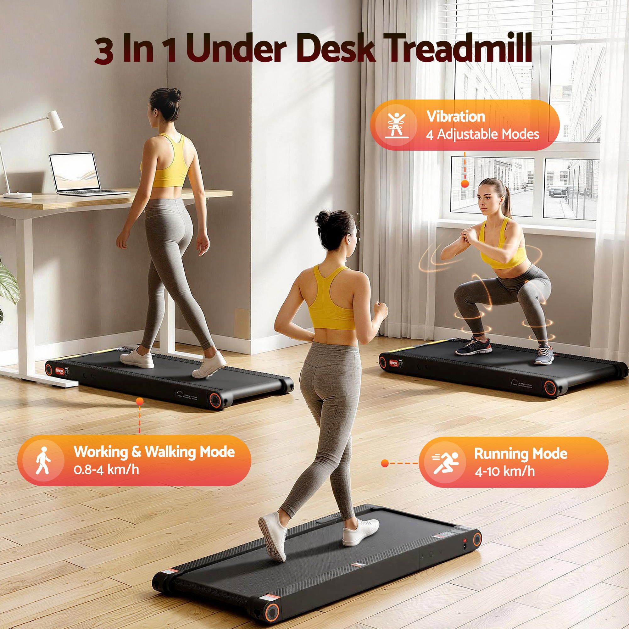 4 in 1 Vibration Walking Pad Treadmill Under Desk Treadmills for Home Gym with App Control 380mm Black - Sports & Fitness > Exercise, Gym & Fitness > Treadmills - Rivercity House & Home Co. (ABN 18 642 972 209) - Affordable Modern Furniture Australia