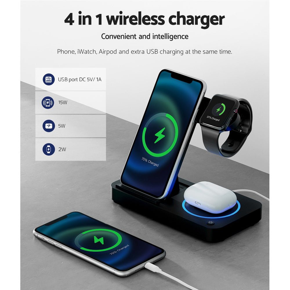 4 - in - 1 Wireless Charger Station Fast Charging for Phone Black - Electronics > Mobile Accessories > Phone Chargers - Rivercity House & Home Co. (ABN 18 642 972 209) - Affordable Modern Furniture Australia