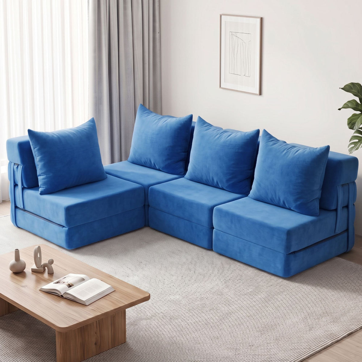 4 Pack Folding L-Shaped Modular Sofa Bed with Foam Futons and Pillows - Blue - Furniture > Sofas > Sofas & Sofa Beds - Rivercity House & Home Co. (ABN 18 642 972 209) - Affordable Modern Furniture Australia