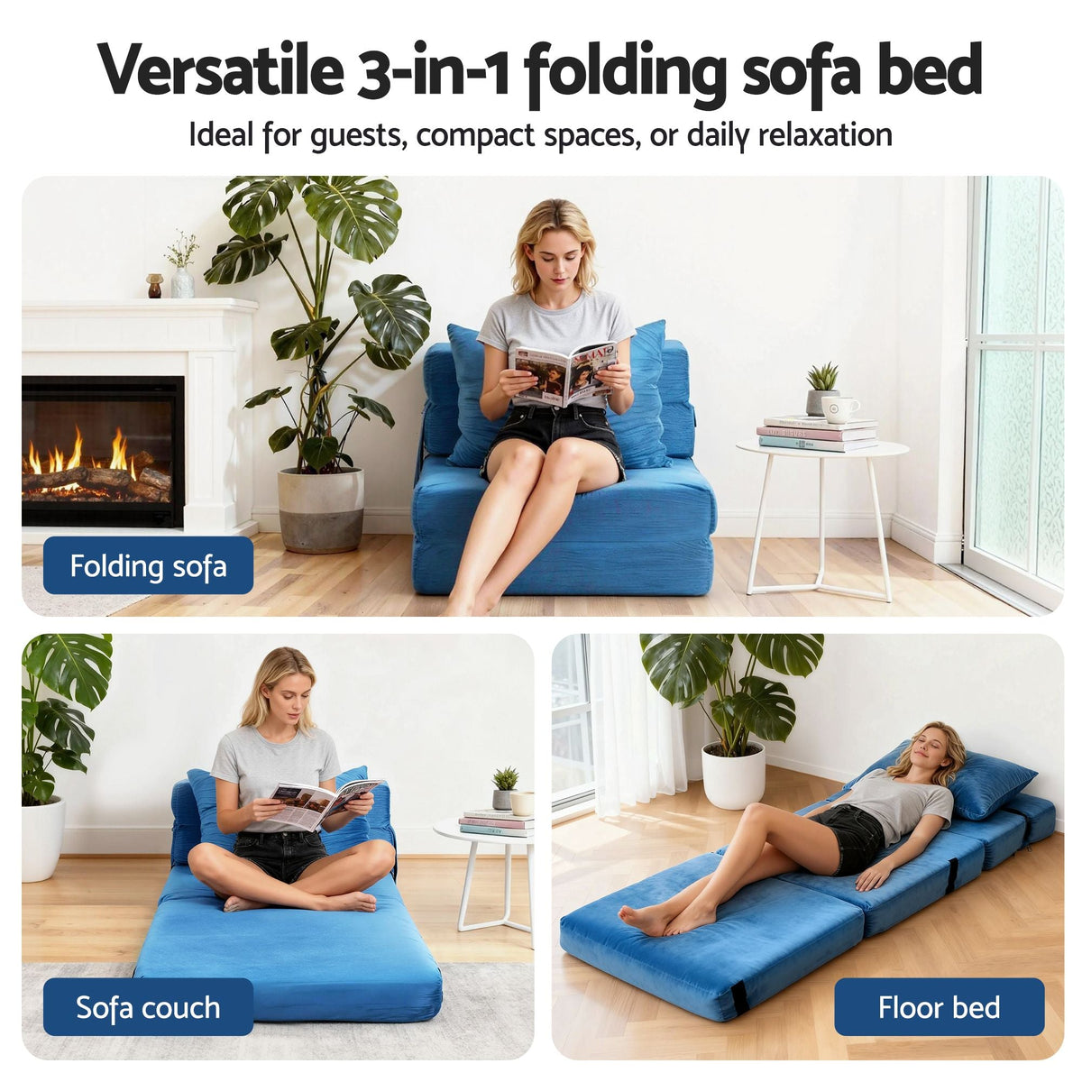 4 Pack Folding L-Shaped Modular Sofa Bed with Foam Futons and Pillows - Blue - Furniture > Sofas > Sofas & Sofa Beds - Rivercity House & Home Co. (ABN 18 642 972 209) - Affordable Modern Furniture Australia