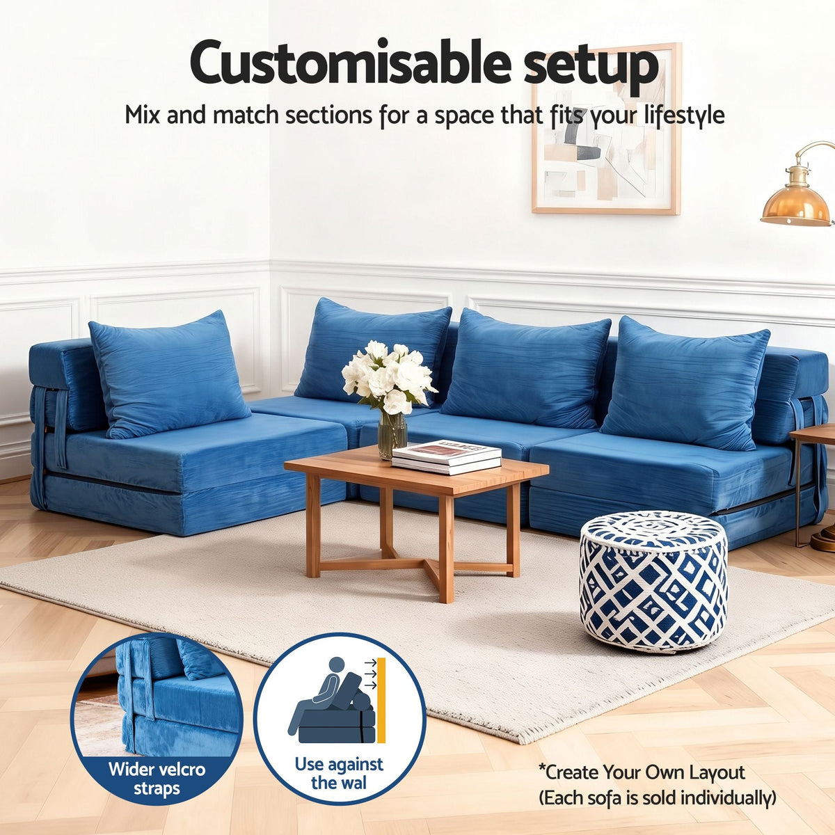 4 Pack Folding L-Shaped Modular Sofa Bed with Foam Futons and Pillows - Blue - Furniture > Sofas > Sofas & Sofa Beds - Rivercity House & Home Co. (ABN 18 642 972 209) - Affordable Modern Furniture Australia