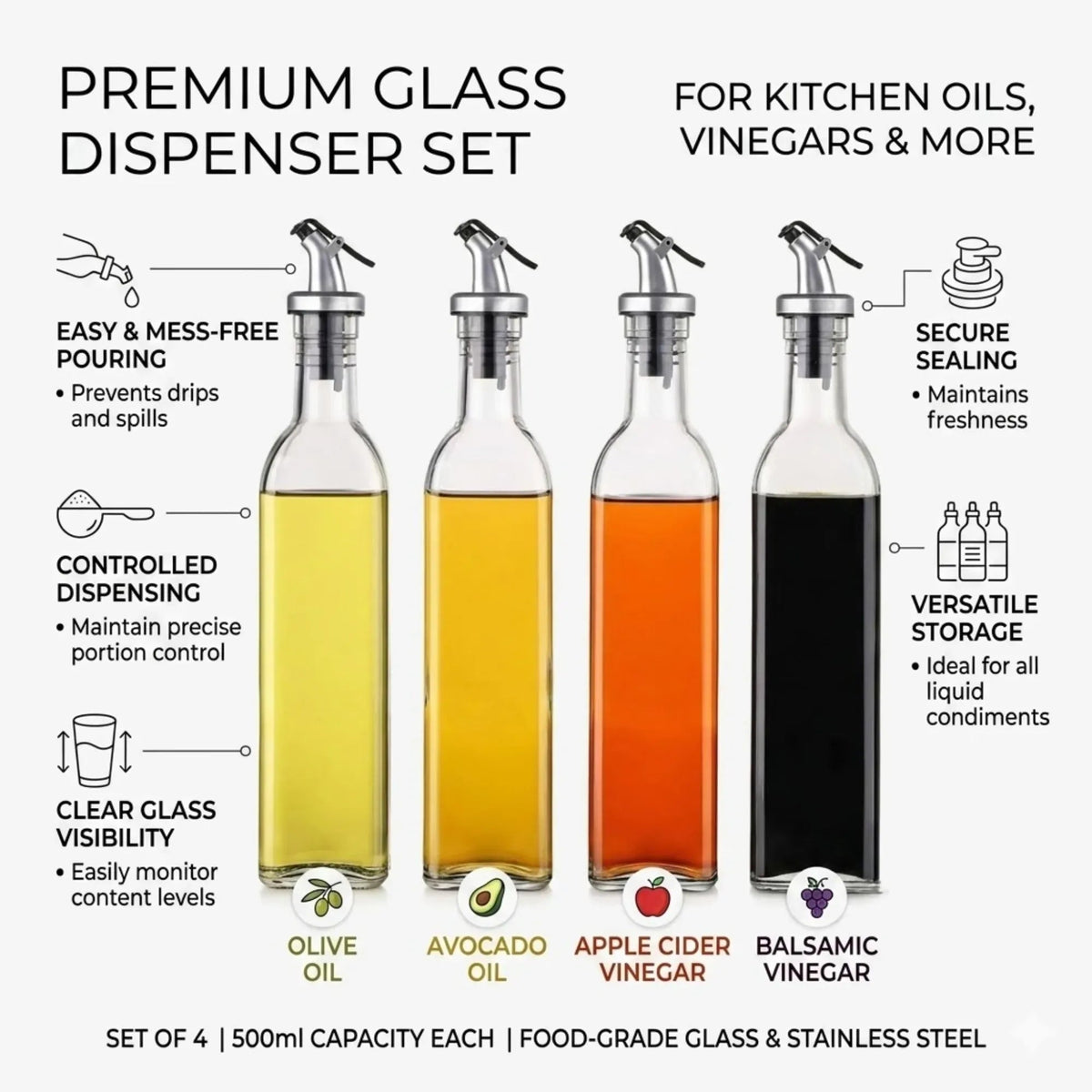 4 Pack Glass Oil Dispenser Bottles 500ml with Anti-Drip Pourer - Transparent - Home & Garden > Kitchenware > Food Storage - Rivercity House & Home Co. (ABN 18 642 972 209) - Affordable Modern Furniture Australia