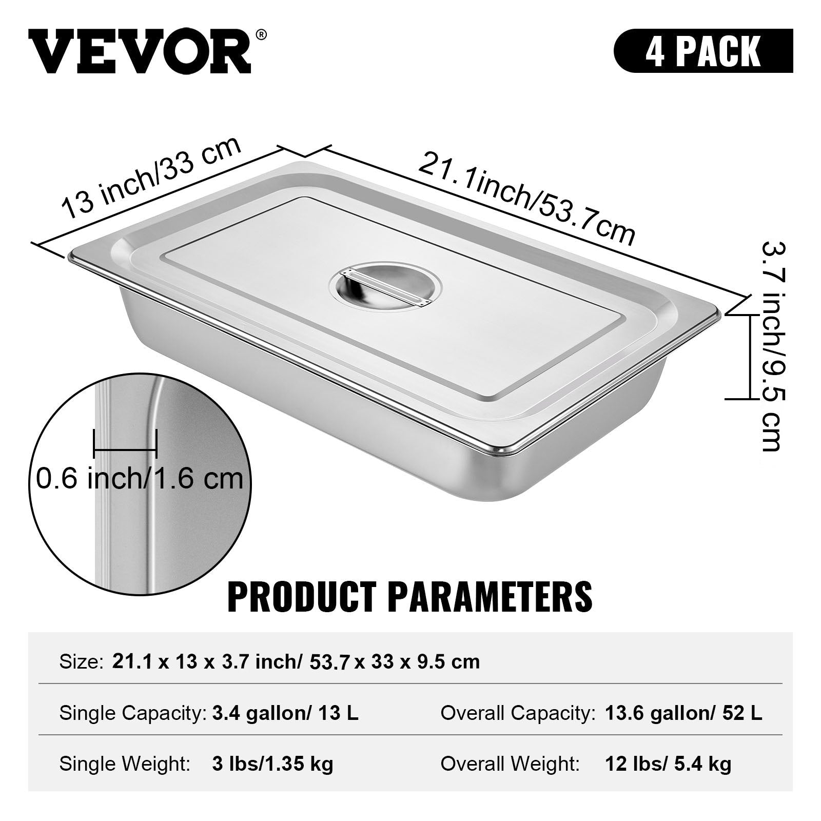 4 Pack Hotel Pan 3.7" Deep Steam Table Pan Full Size with Lid 20.8"L x 13"W Hotel Pan 22 Gauge Stainless Steel Anti Jam Steam Table Pan - Appliances > Kitchen Appliances > Food Warmers & Chafing Dishes - Rivercity House & Home Co. (ABN 18 642 972 209) - Affordable Modern Furniture Australia