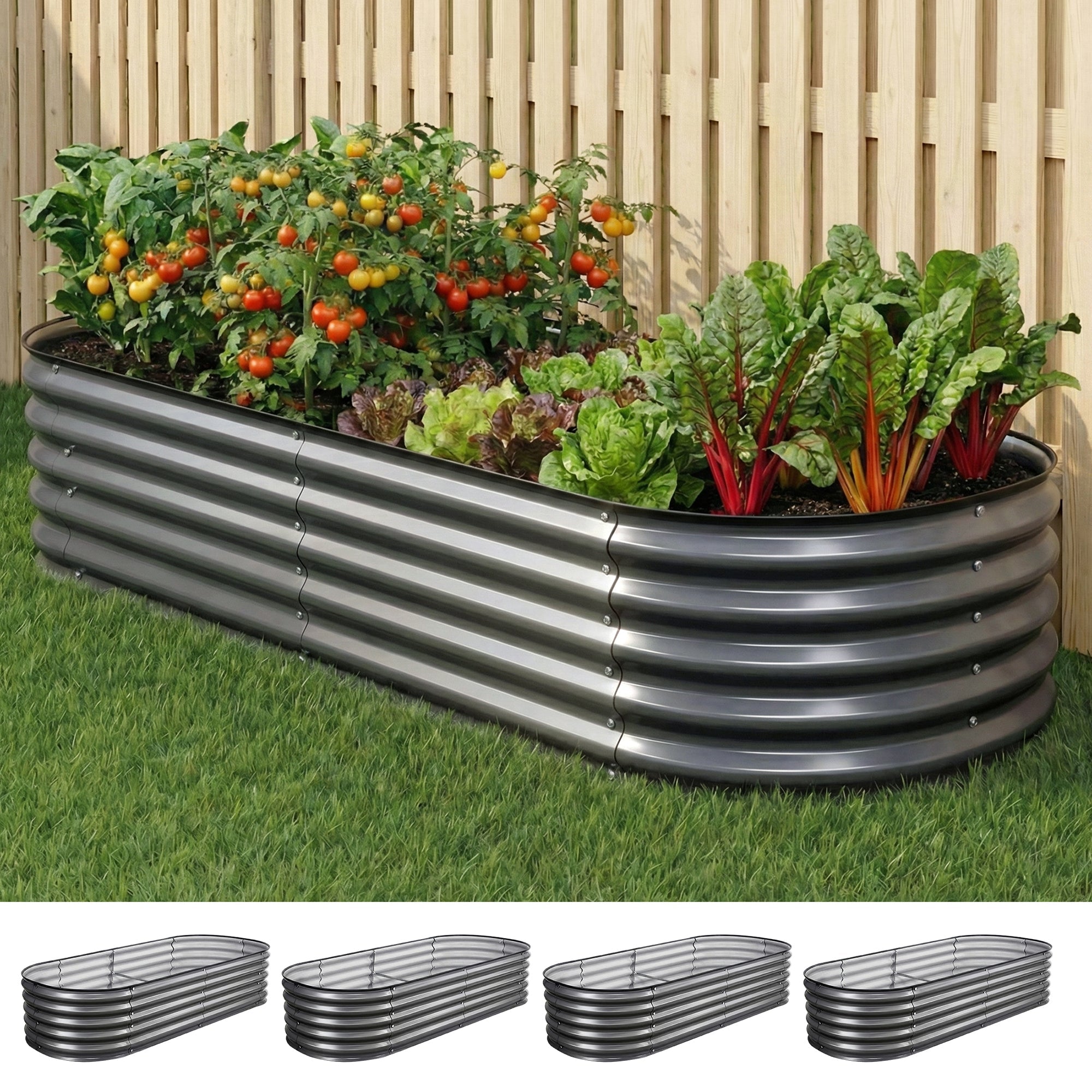 4 Pcs Raised Garden Bed Kit Oval Galvanized Steel Planter Boxes 160x80x42cm, Heavy Duty Metal Elevated Garden Bed for Vegetables Flowers Herbs, with Safety Edging, Gloves & Pegs Included - Home & Garden > Garden Beds > Garden Beds & Planters - Rivercity House & Home Co. (ABN 18 642 972 209) - Affordable Modern Furniture Australia