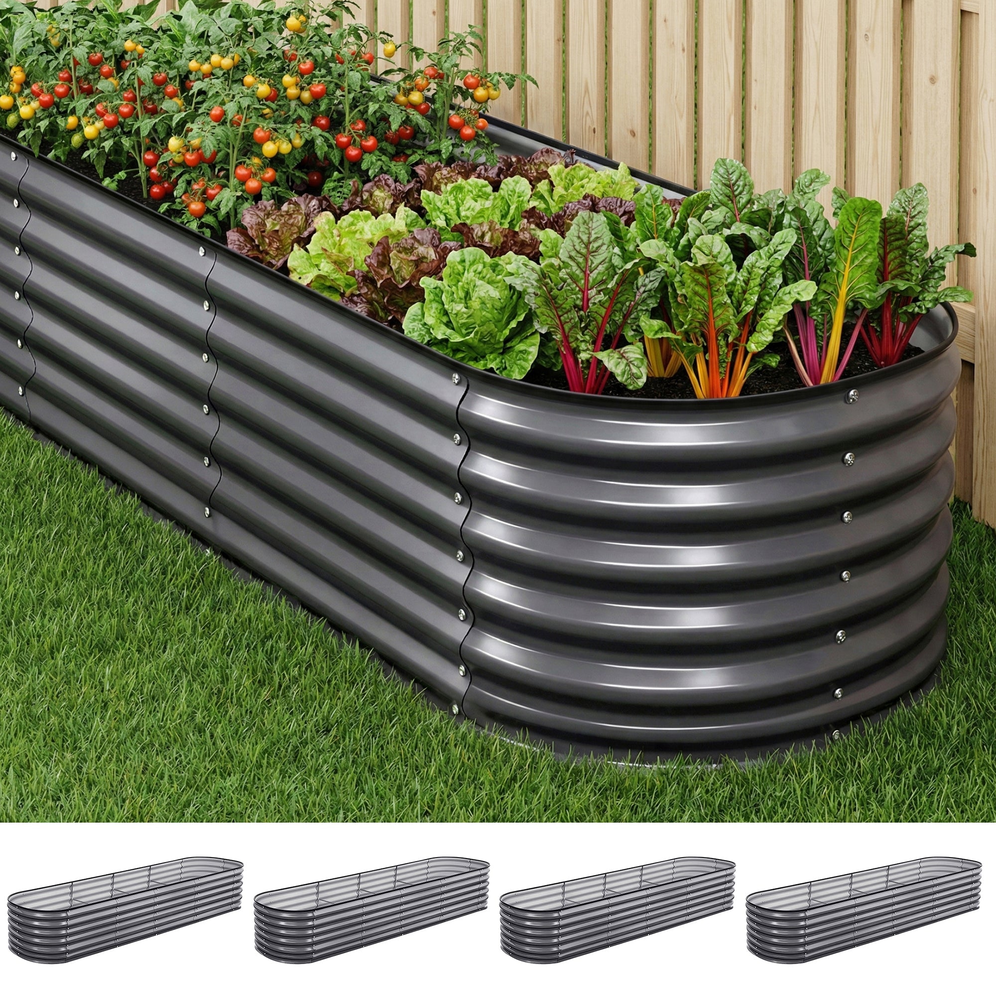 4 Pcs Raised Garden Bed Kit Oval Galvanized Steel Planter Boxes 320x80x56cm, Heavy Duty Metal Elevated Garden Bed for Vegetables Flowers Herbs, with Safety Edging, Gloves & Pegs Included - Home & Garden > Garden Beds > Garden Beds & Planters - Rivercity House & Home Co. (ABN 18 642 972 209) - Affordable Modern Furniture Australia