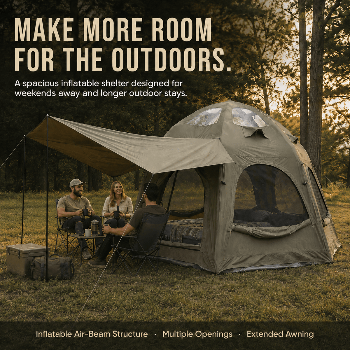 4 Person Inflatable Camping Tent with TC Canvas Sun Shade and Rain Protection - Green - Outdoor Recreation > Camping > Tents - Rivercity House & Home Co. (ABN 18 642 972 209) - Affordable Modern Furniture Australia