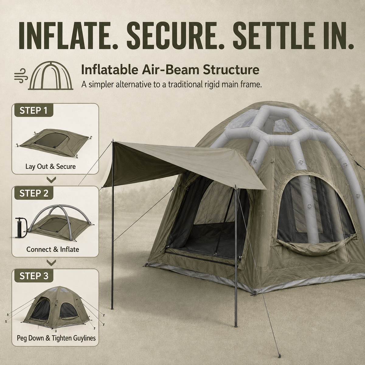 4 Person Inflatable Camping Tent with TC Canvas Sun Shade and Rain Protection - Green - Outdoor Recreation > Camping > Tents - Rivercity House & Home Co. (ABN 18 642 972 209) - Affordable Modern Furniture Australia