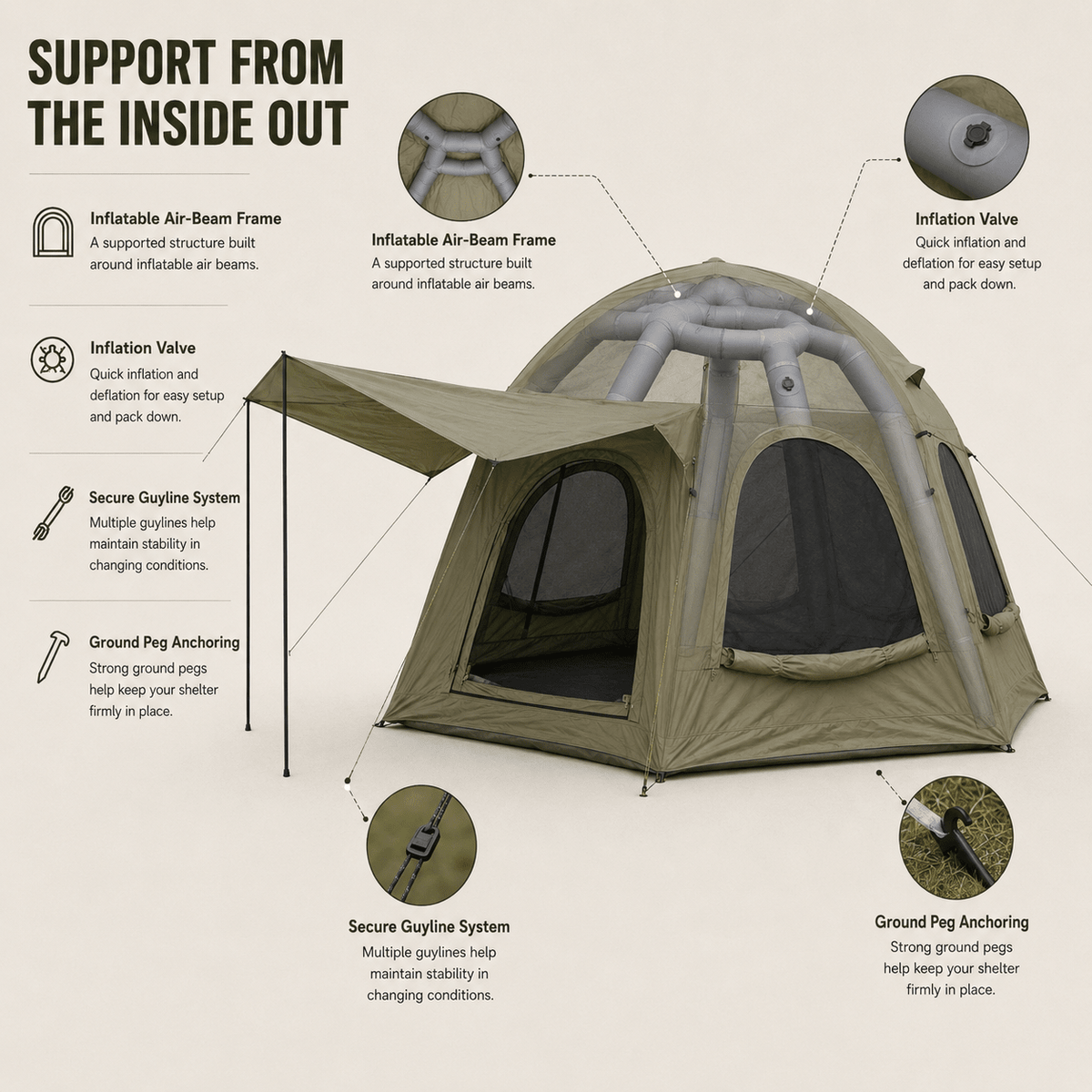 4 Person Inflatable Camping Tent with TC Canvas Sun Shade and Rain Protection - Green - Outdoor Recreation > Camping > Tents - Rivercity House & Home Co. (ABN 18 642 972 209) - Affordable Modern Furniture Australia