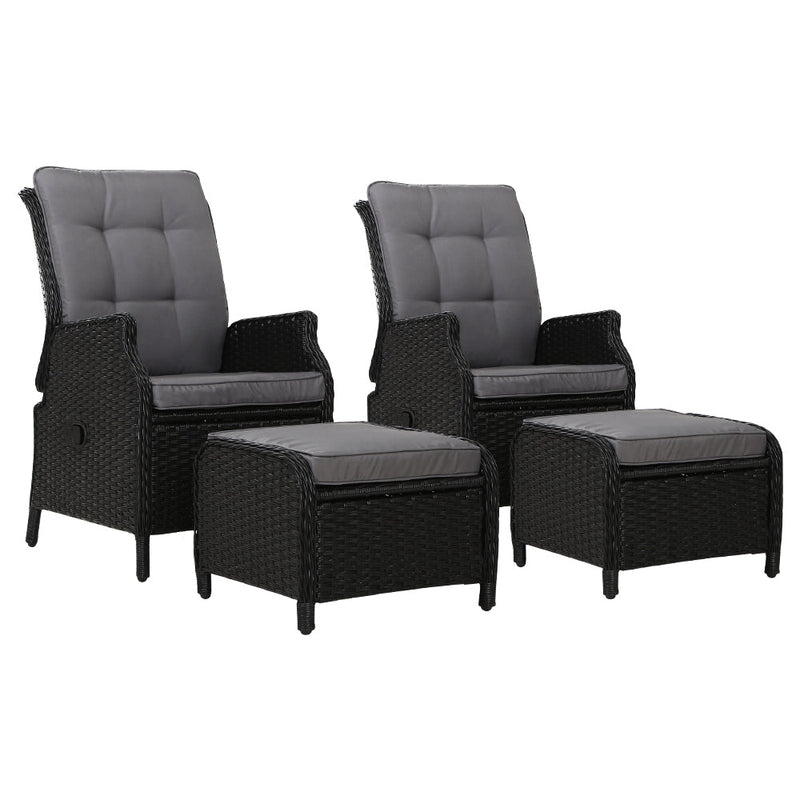 4 Piece Elizabeth Wicker Recliner Chairs with Ottomans (Black) - Rivercity House & Home Co. (ABN 18 642 972 209) - Affordable Modern Furniture Australia